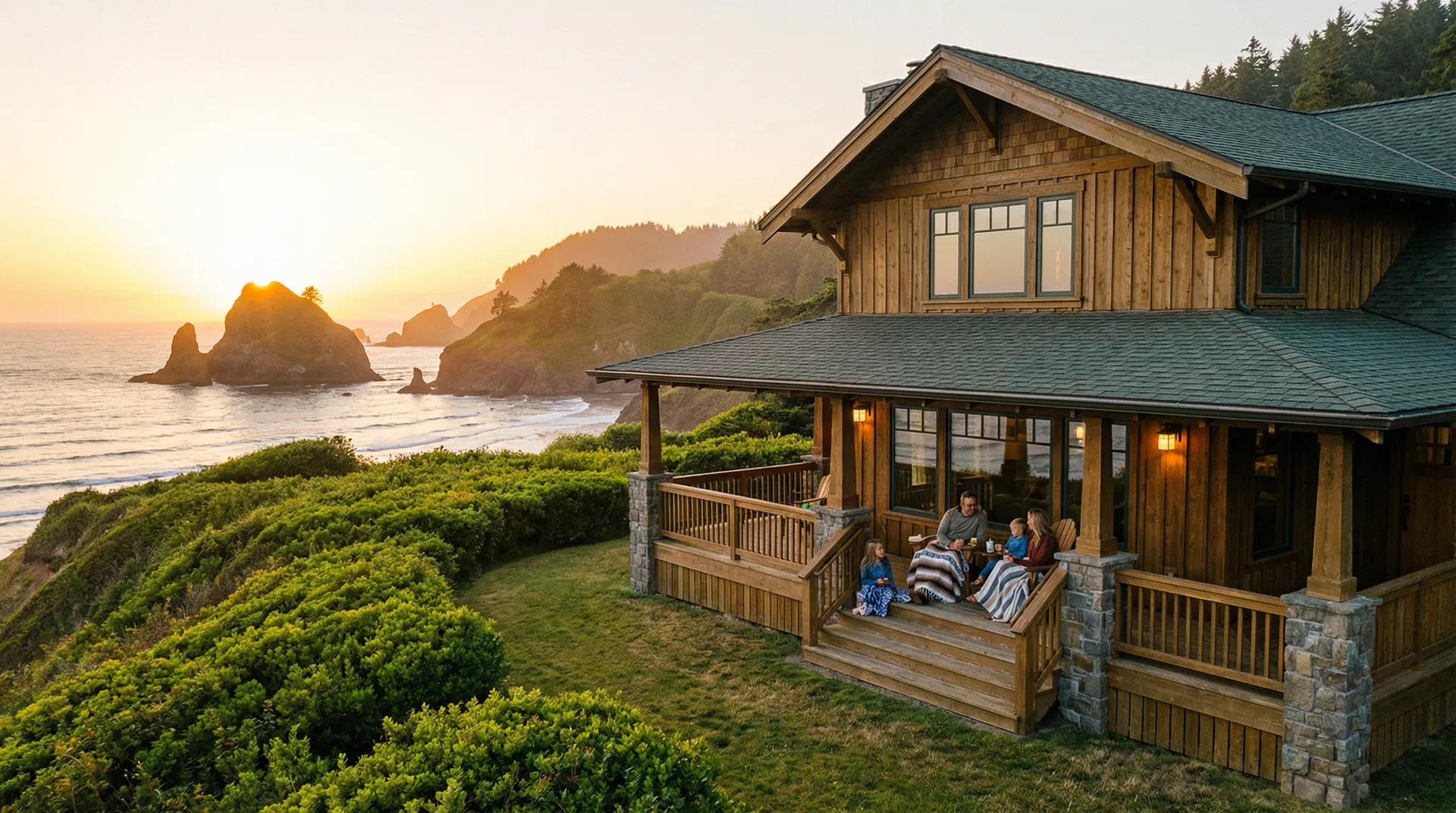 Craftsman beach house on the Oregon Coast at golden hour with family on porch and sea stacks in background