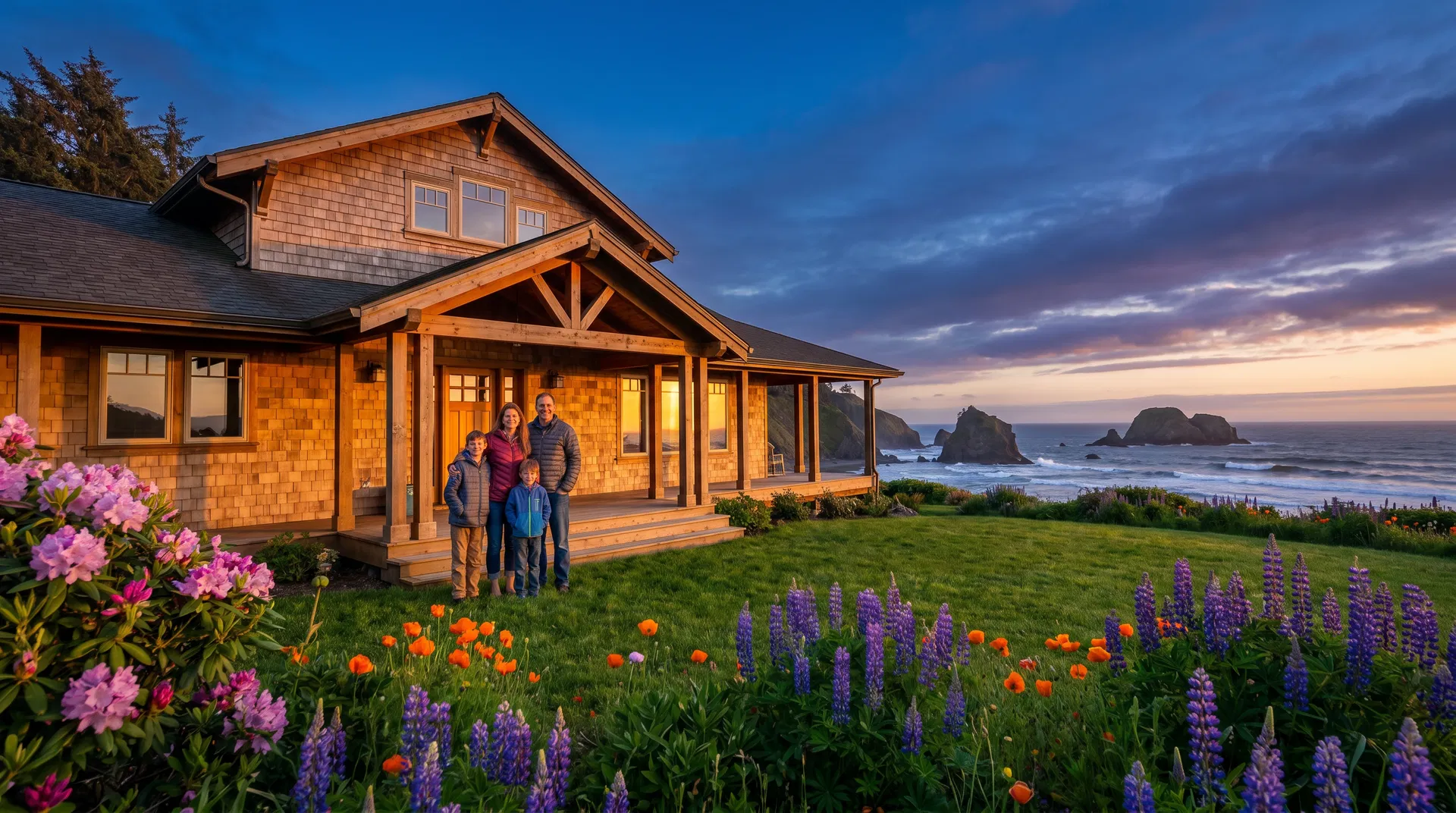 Happy Oregon Coast family on the porch of a beautiful craftsman home with sea stacks and wildflowers — Gerald Ross Agency