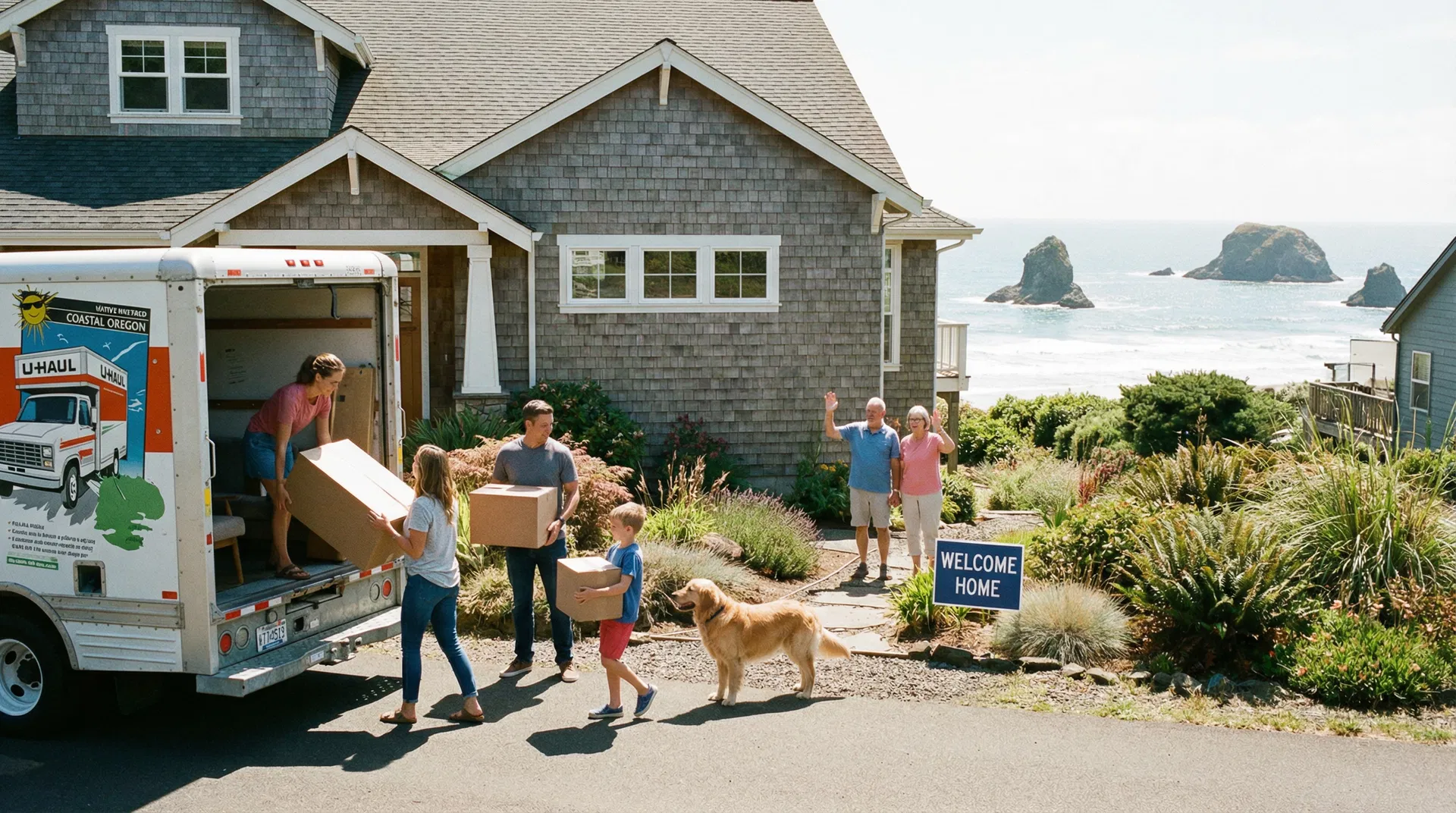 Family moving to a new home on the Oregon Coast