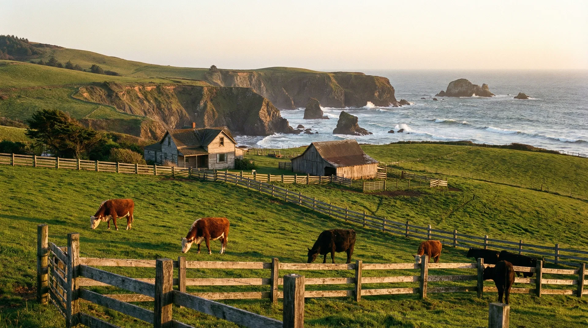 Oregon Coast ranch with cattle and coastal mountains