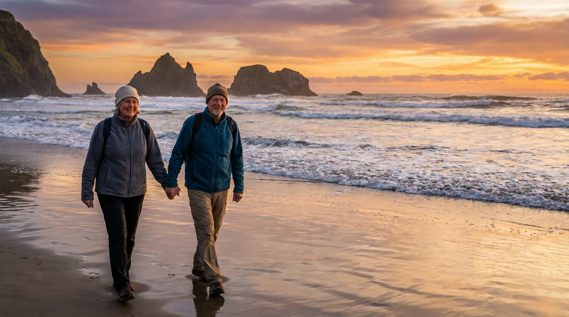 Retired couple enjoying the Oregon Coast sunset