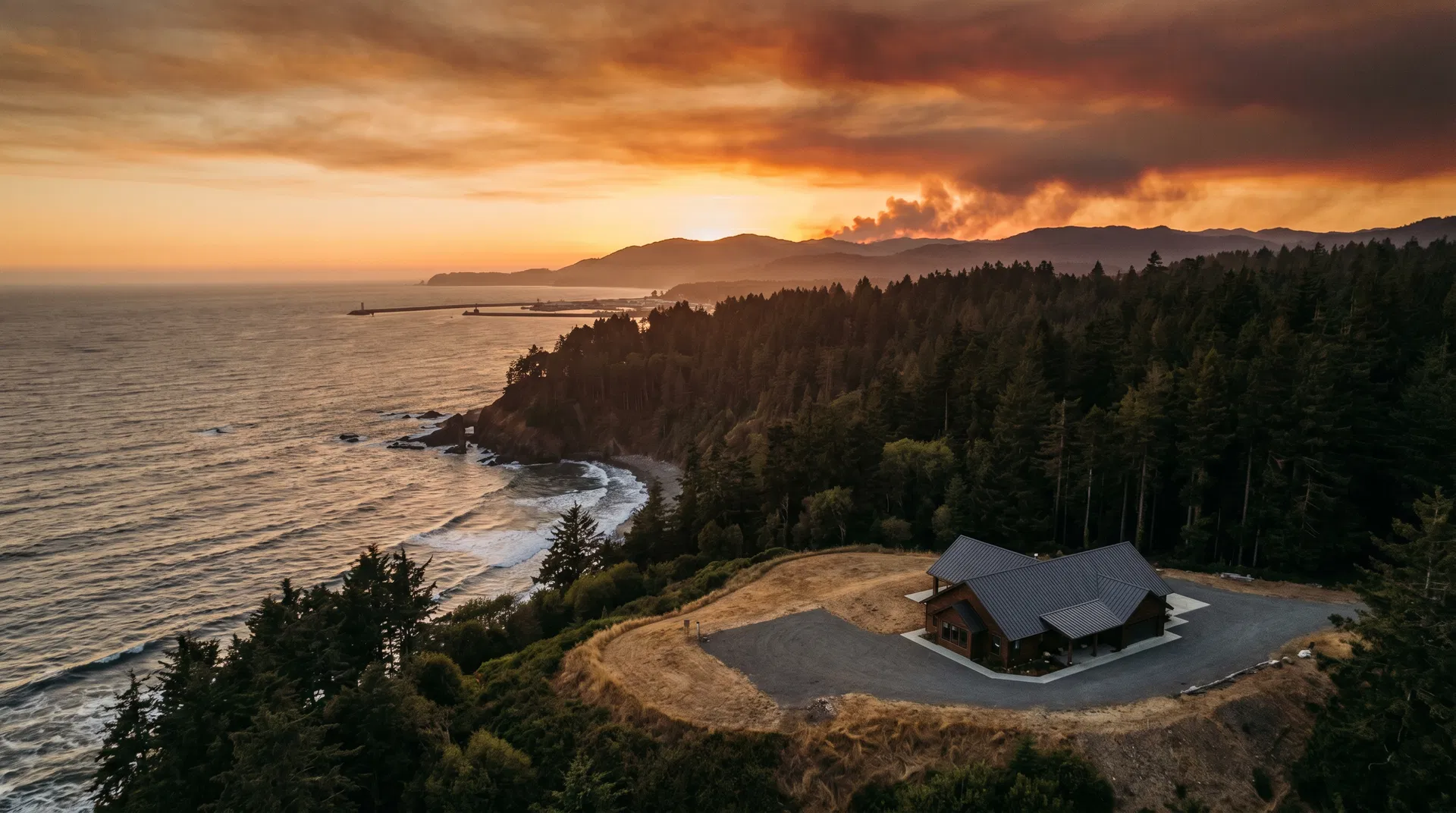 Northern California coastal wildfire insurance — Del Norte County coastline with Crescent City harbor, redwood forest, and wildfire smoke on the horizon