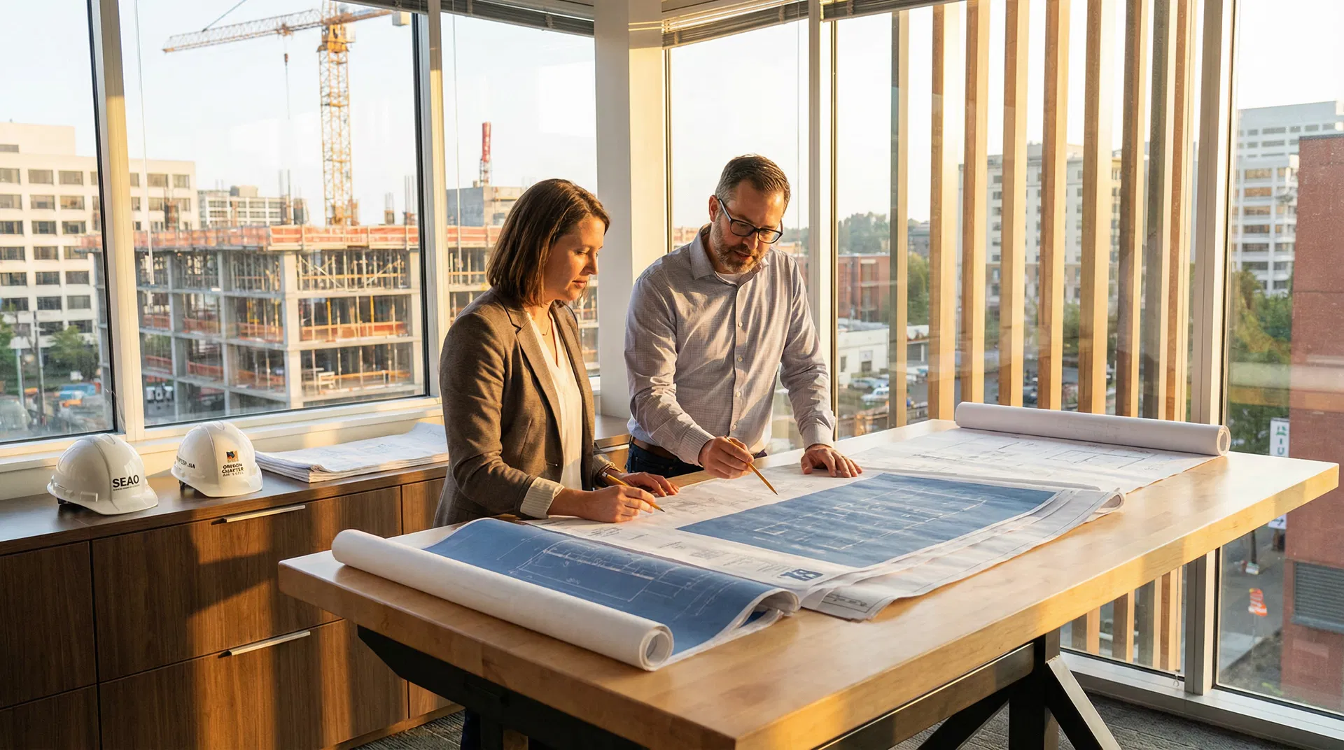 Oregon architect reviewing blueprints on a construction site