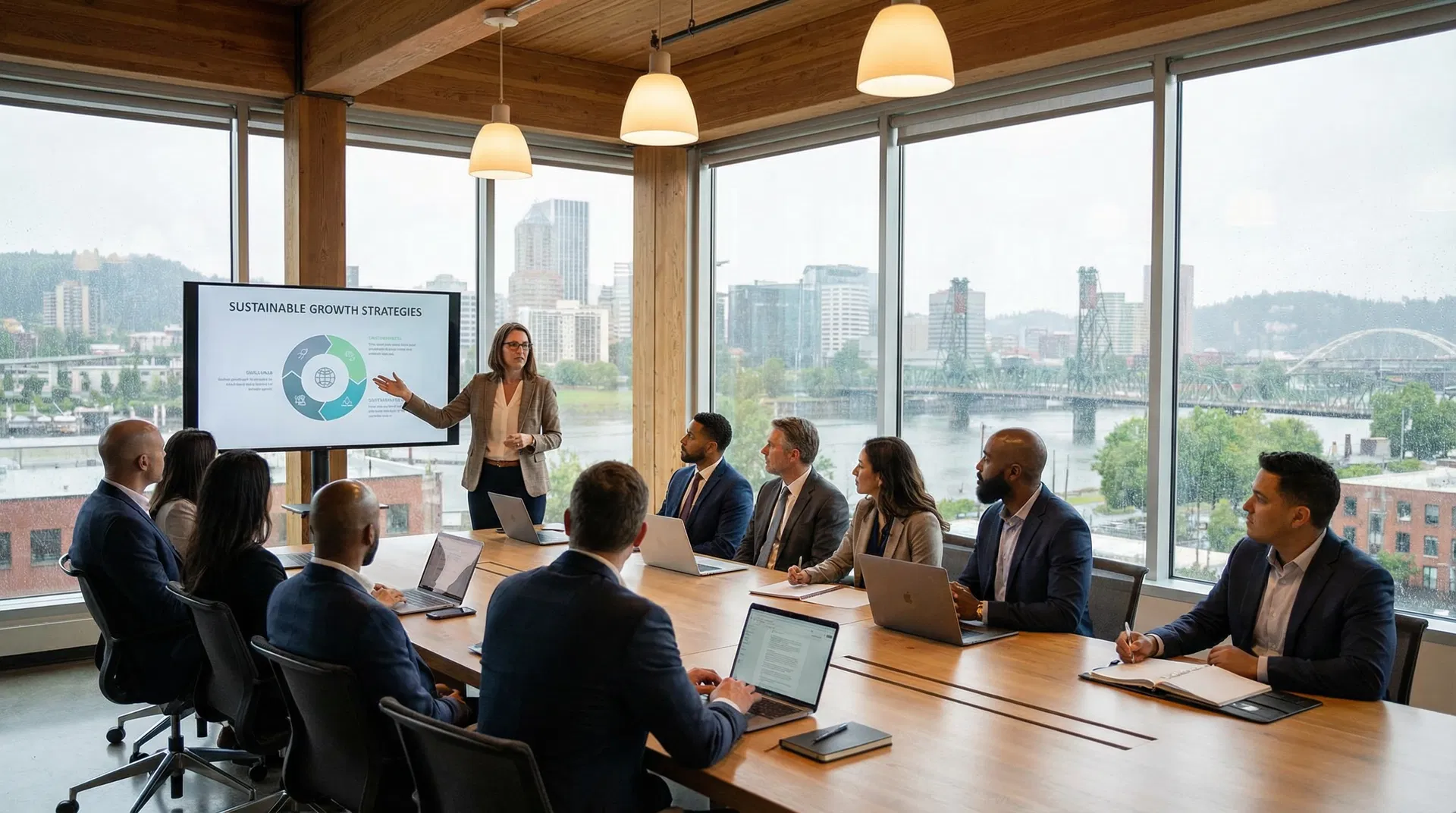 Oregon business consultant in a professional office setting reviewing documents with a client