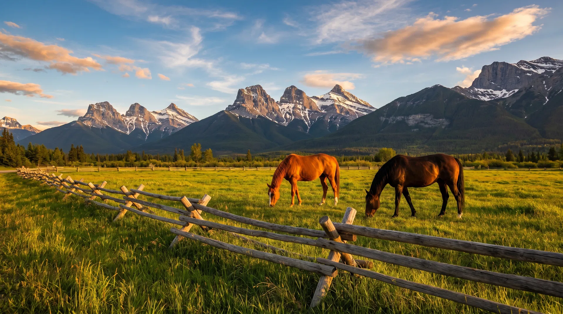 Two horses grazing in a Central Oregon pasture with the Three Sisters mountains at golden hour
