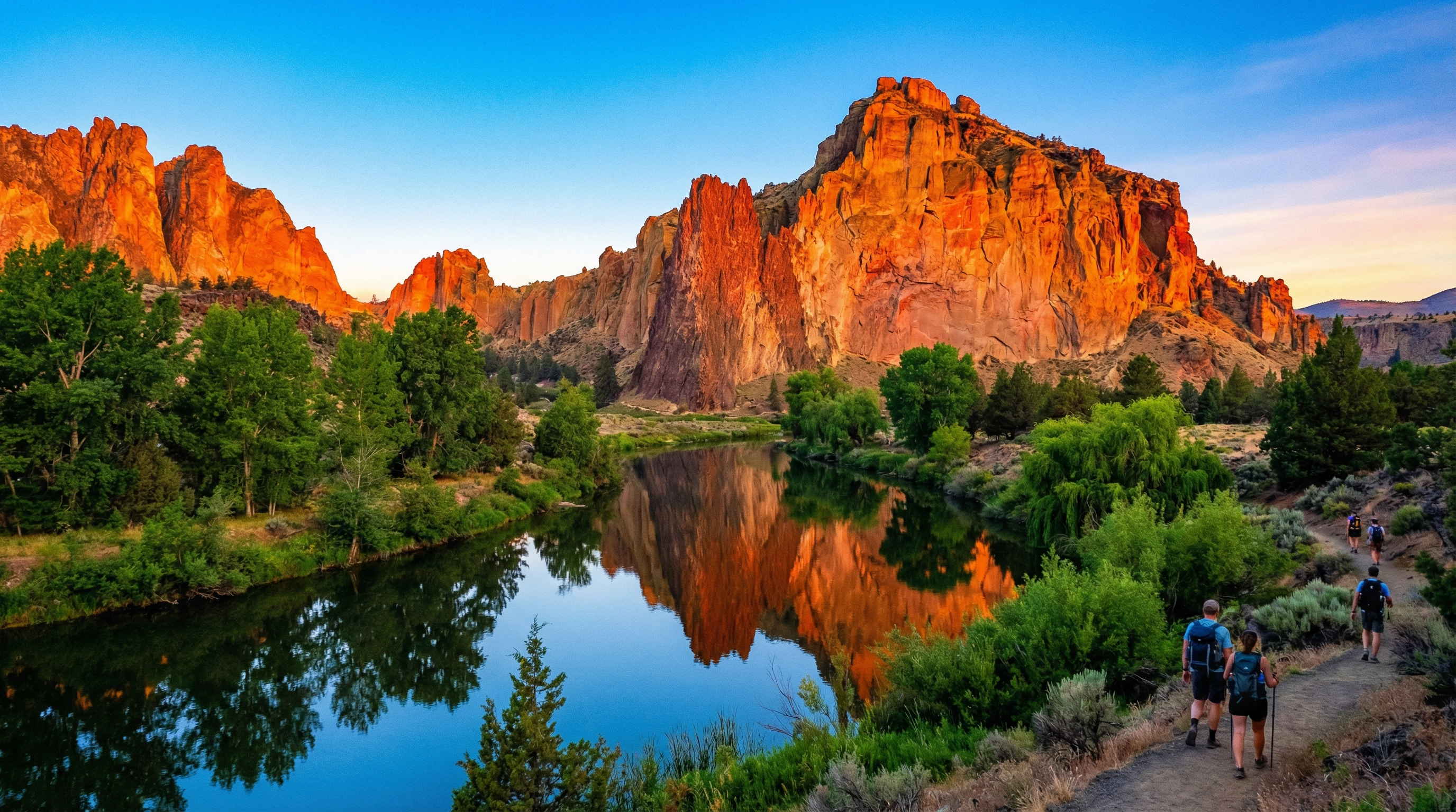 Smith Rock State Park Oregon with dramatic red volcanic cliffs reflected in the Crooked River