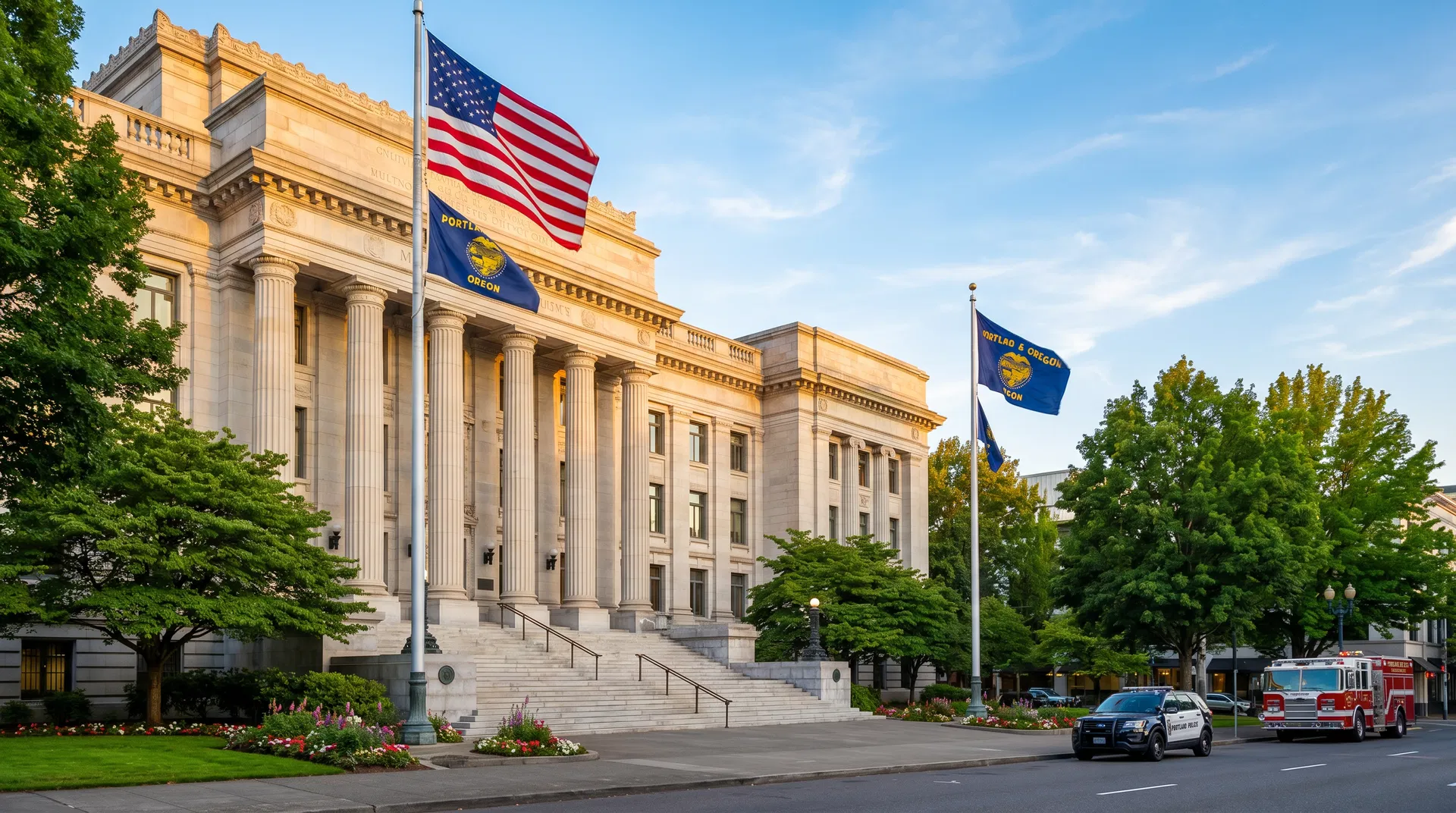 Oregon city hall building with American flag — public entity and municipalities insurance