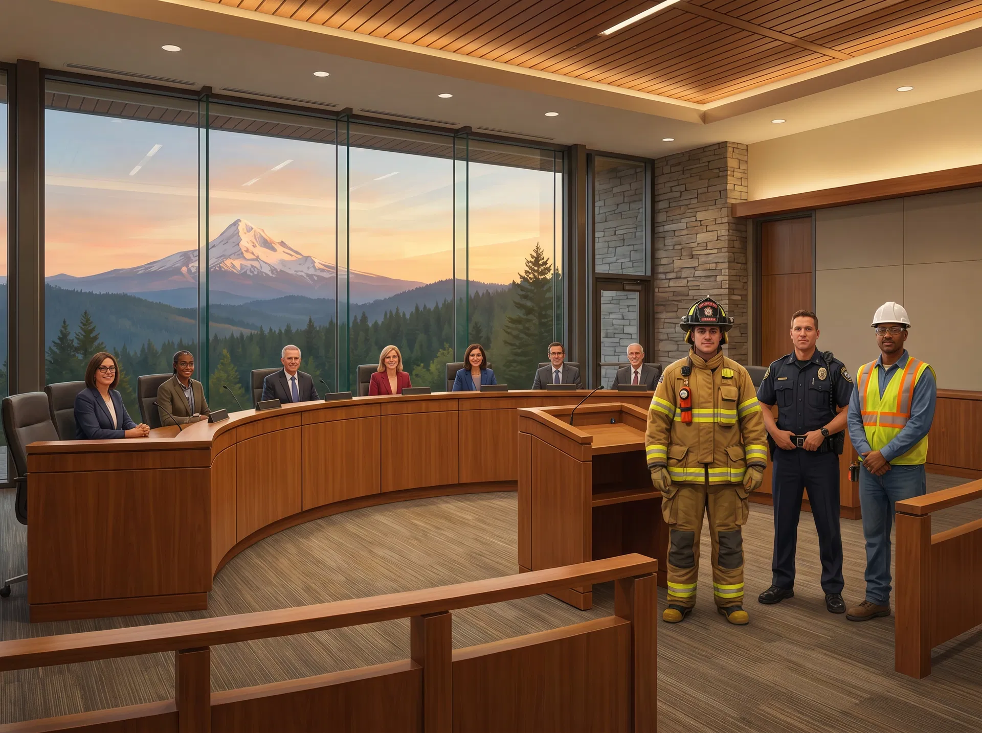 Oregon city council chamber with public safety officials — public entity insurance