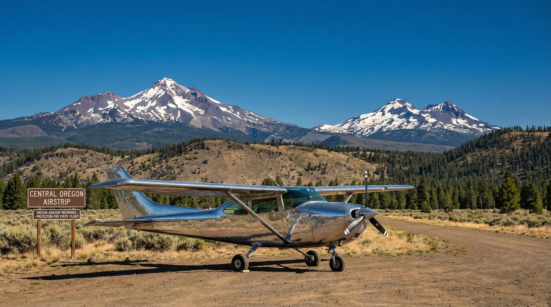 Small private aircraft on a Central Oregon airstrip with snow-capped Cascade Mountains in the background