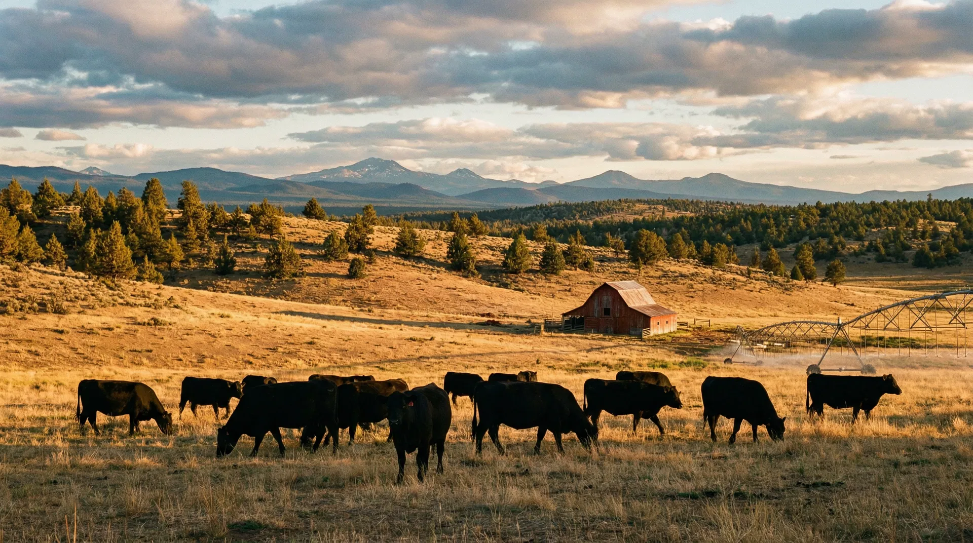 Oregon cattle ranch at golden hour with red barn and irrigation pivot