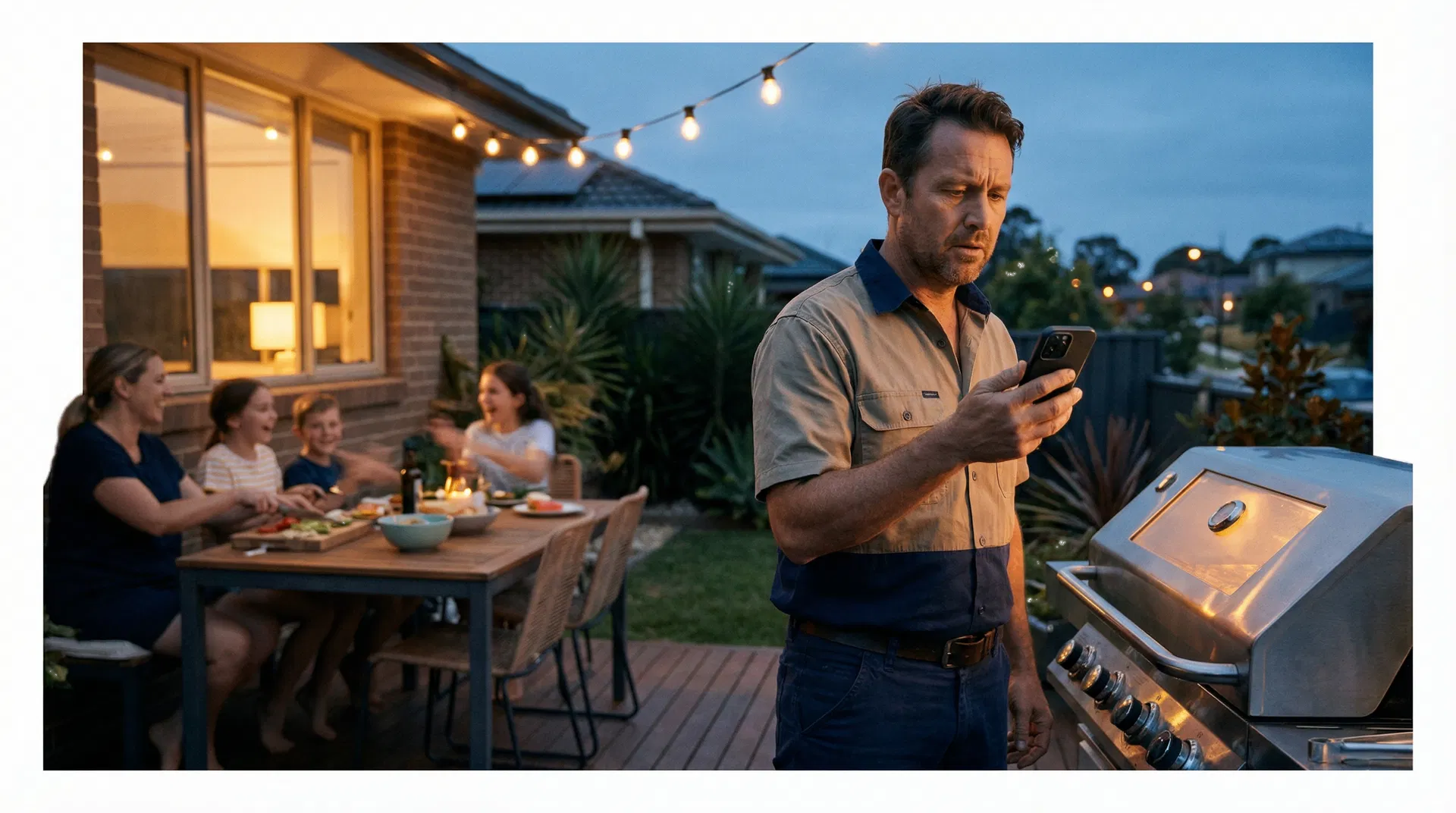 Trade business owner checking a phone during family barbecue time