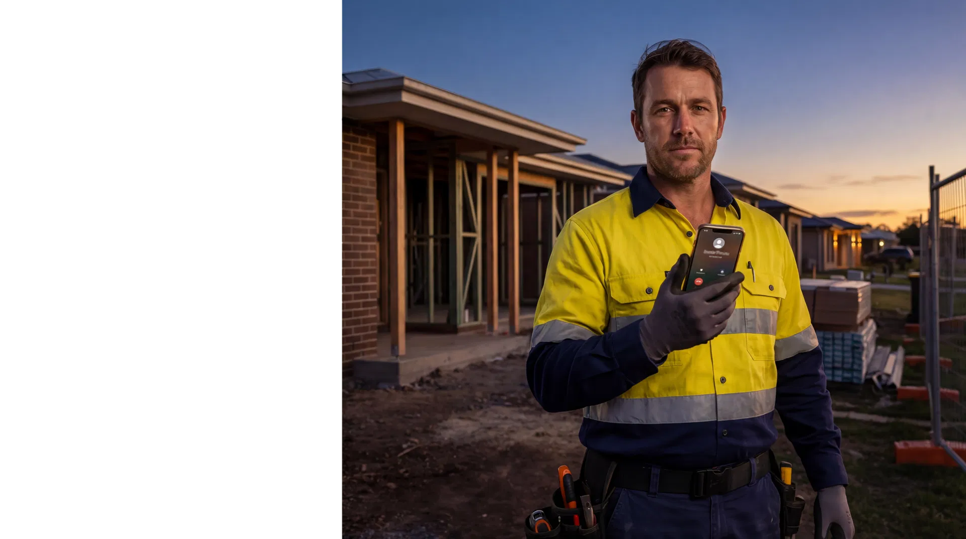 Electrician on a residential worksite holding a phone at dusk