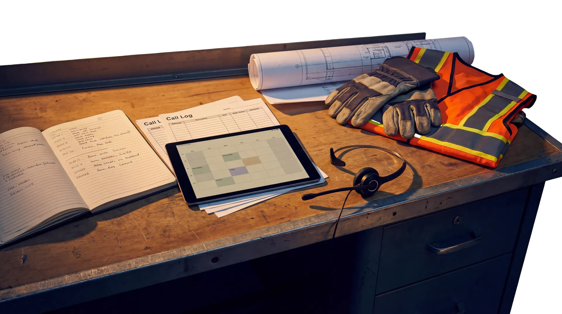 Operations desk with call logs, tablet, headset, and trade-planning materials