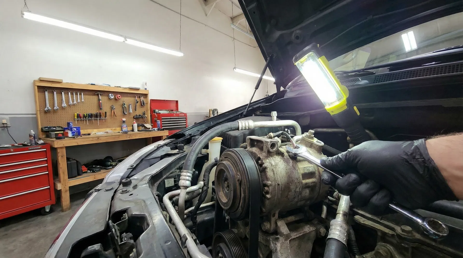 AC compressor and engine bay detail