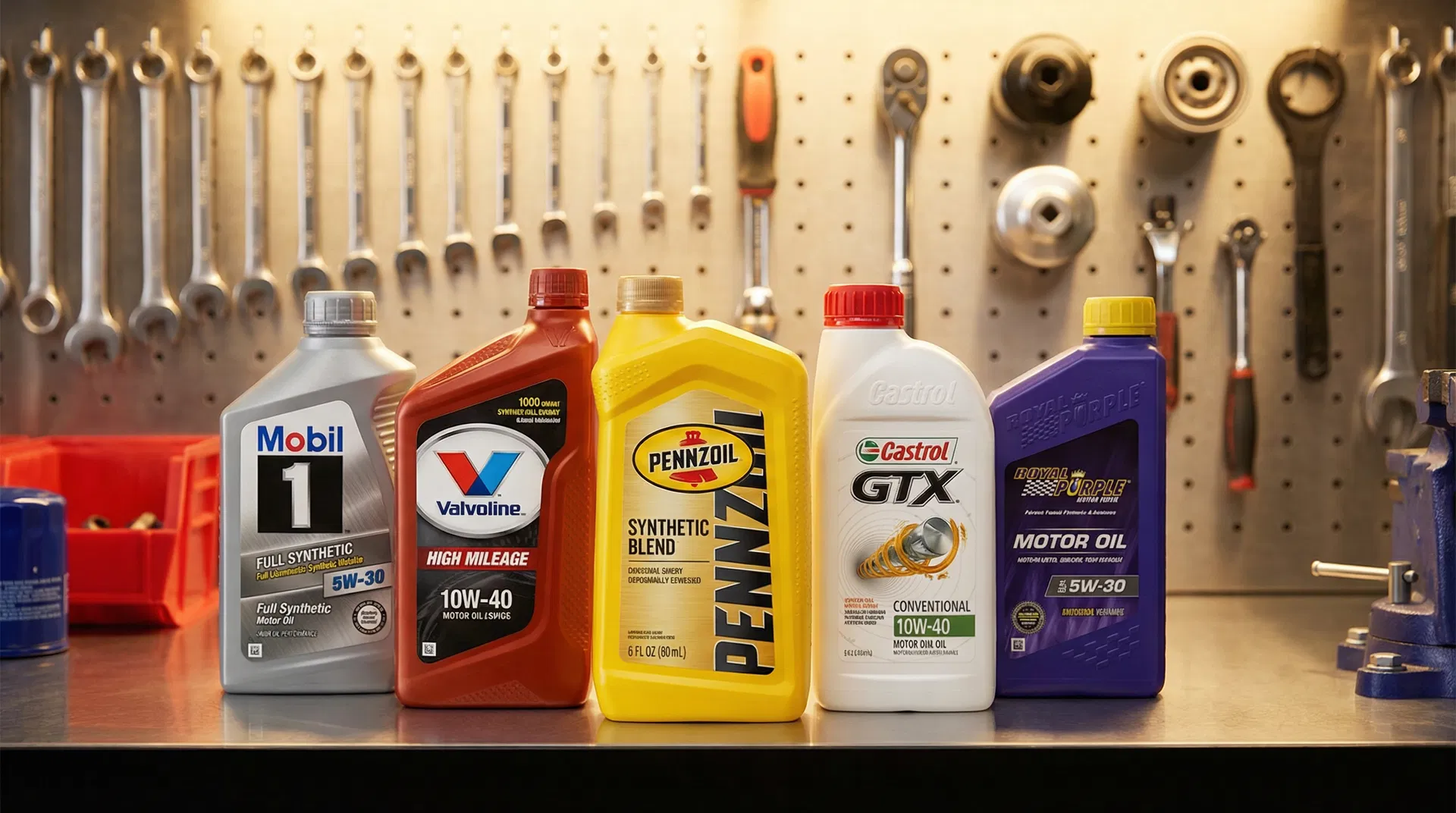 Four types of motor oil bottles at CTR Repair shop