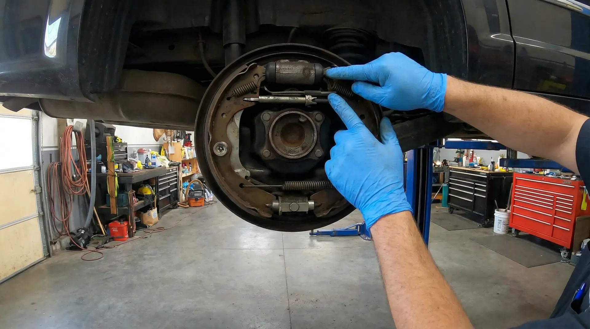 Mechanic inspecting rear drum brake assembly
