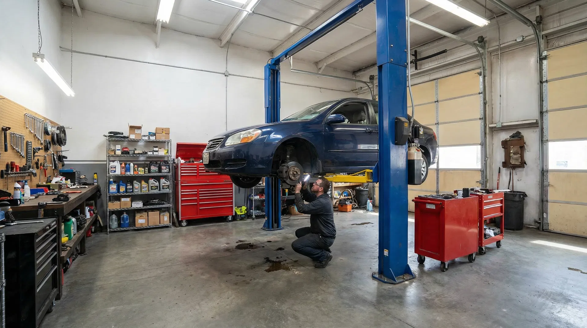 Mechanic inspecting brake assembly on vehicle lift at CTR Automotive