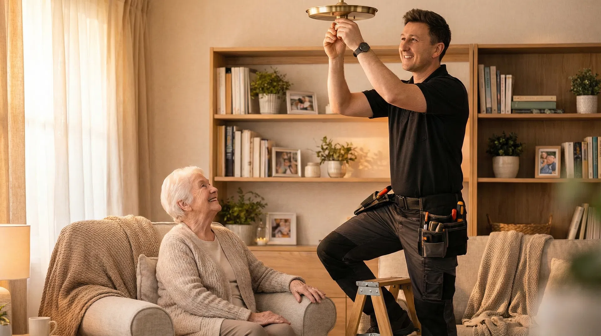 Handwerksheld montiert Lampe auf Leiter, Seniorin schaut zu