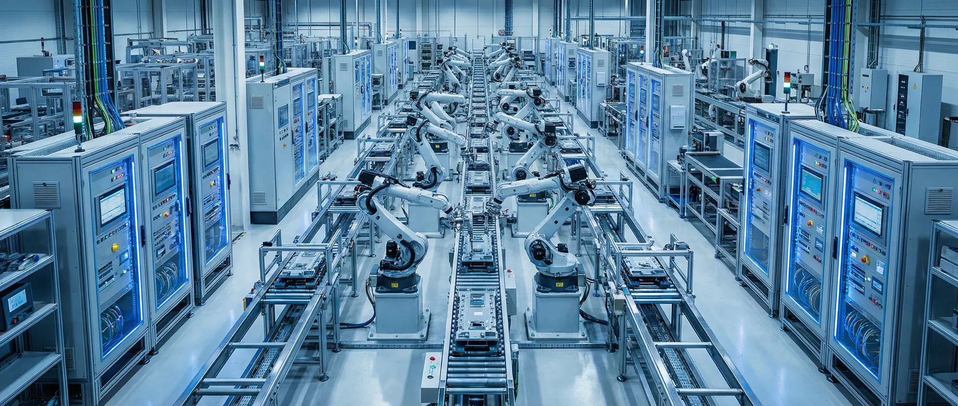 Industrial automation warehouse with PLC controllers, drives, and sensors in stock