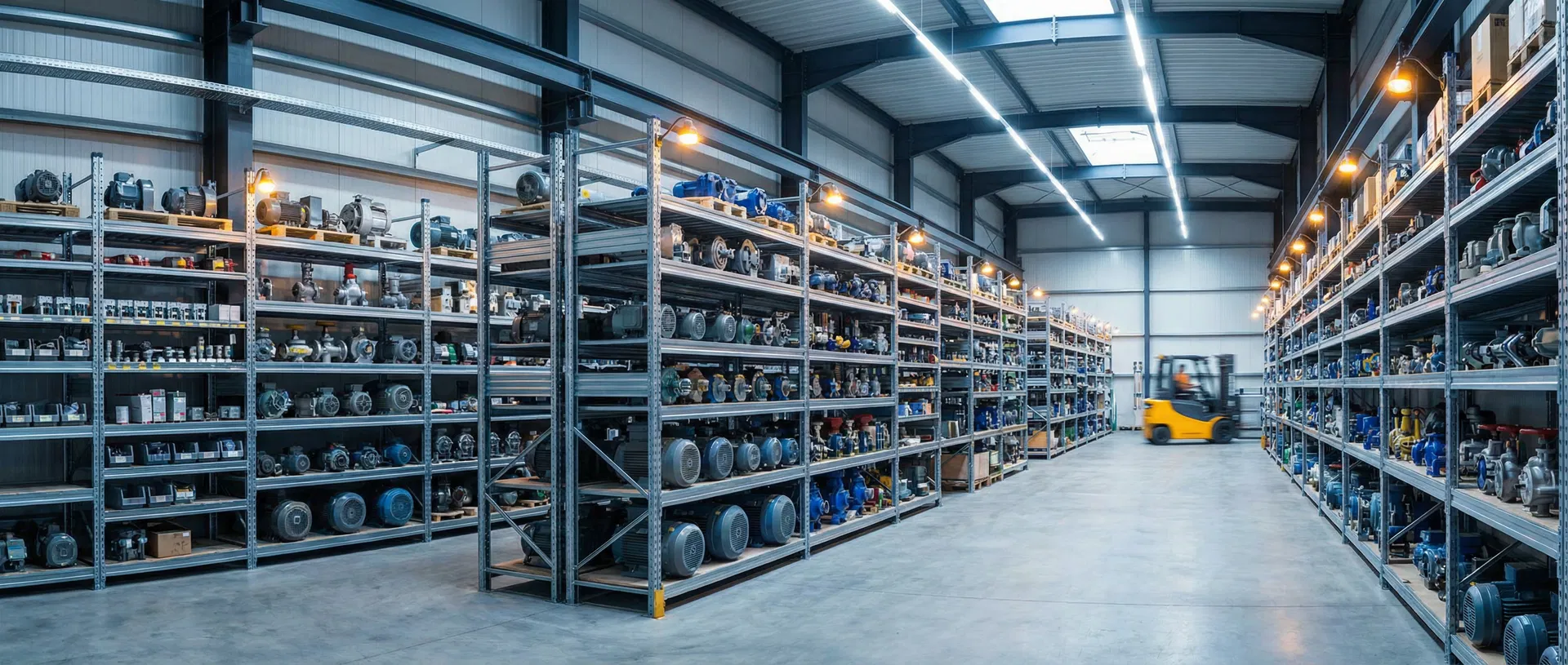 Industrial warehouse with organized parts and equipment