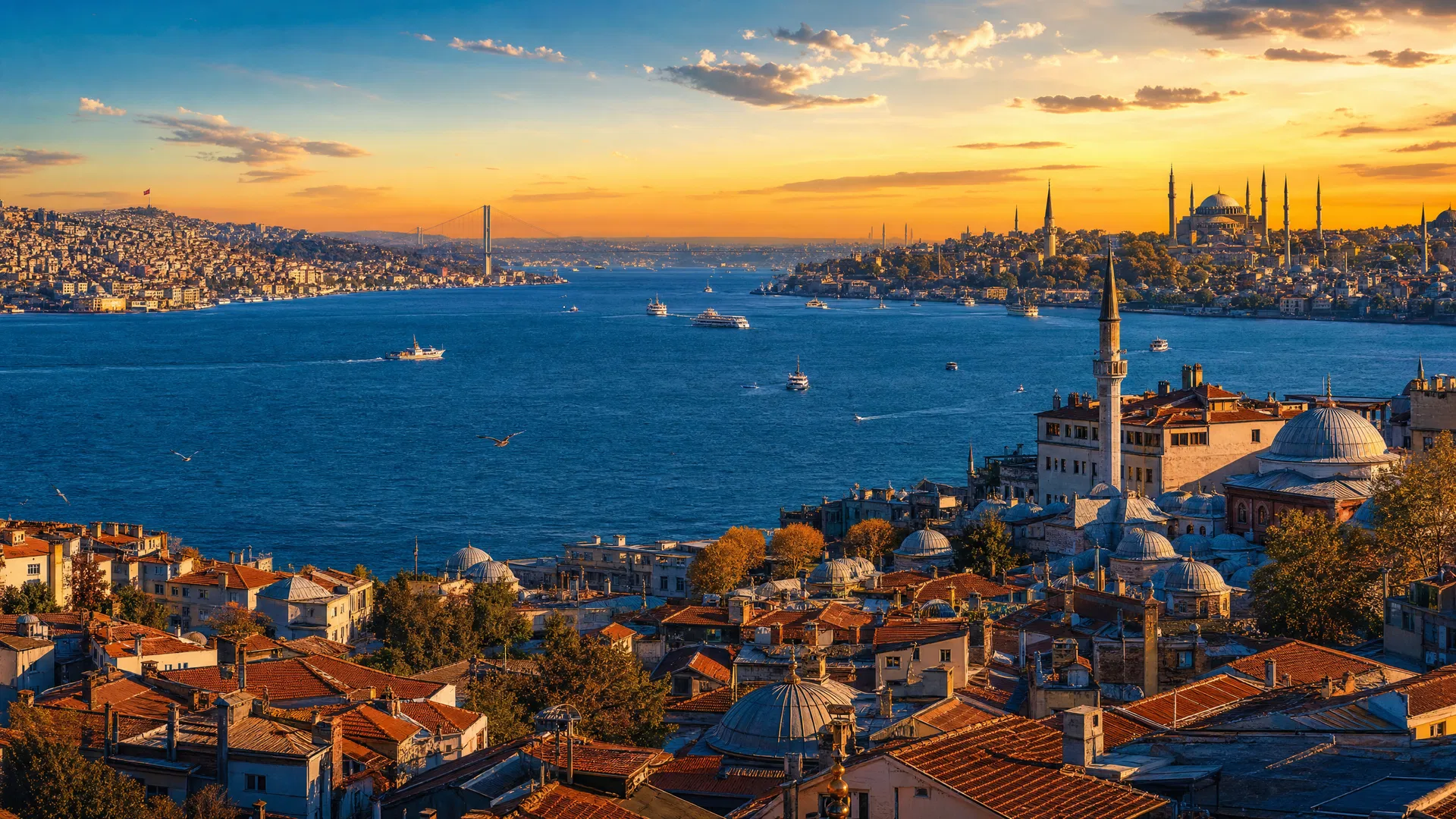 Istanbul Bosphorus panorama at golden hour