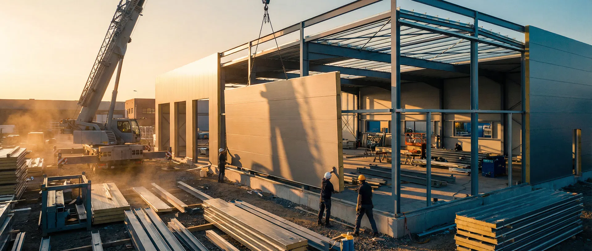 Prefab construction site at golden hour