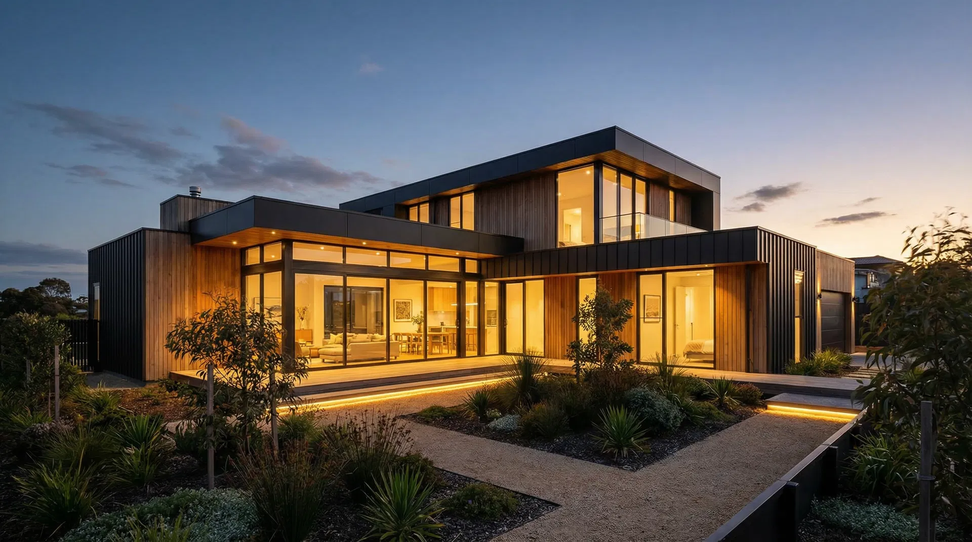 Completed modern prefabricated luxury home at twilight