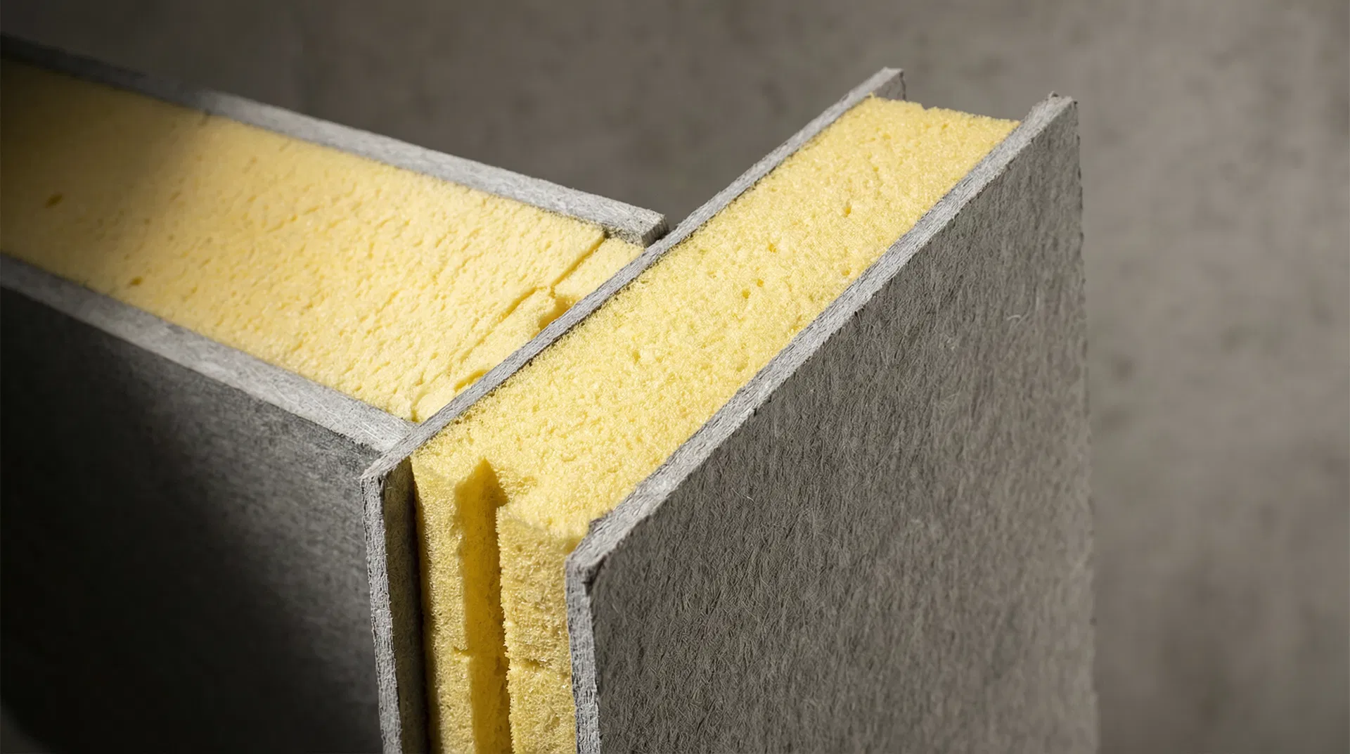 Structural insulated panel cross-section showing PU core and cement fibre board skins