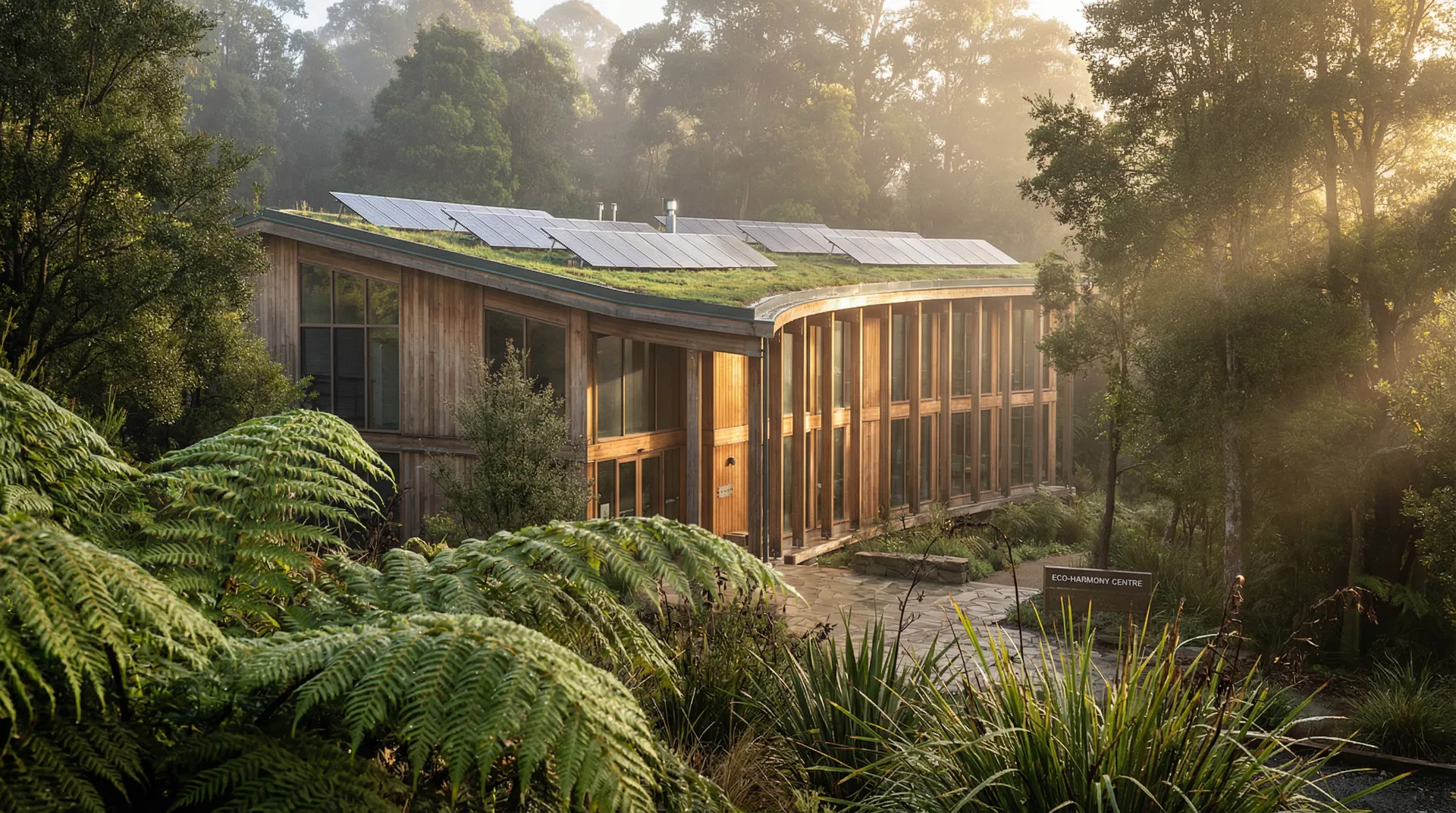 Sustainable building surrounded by nature