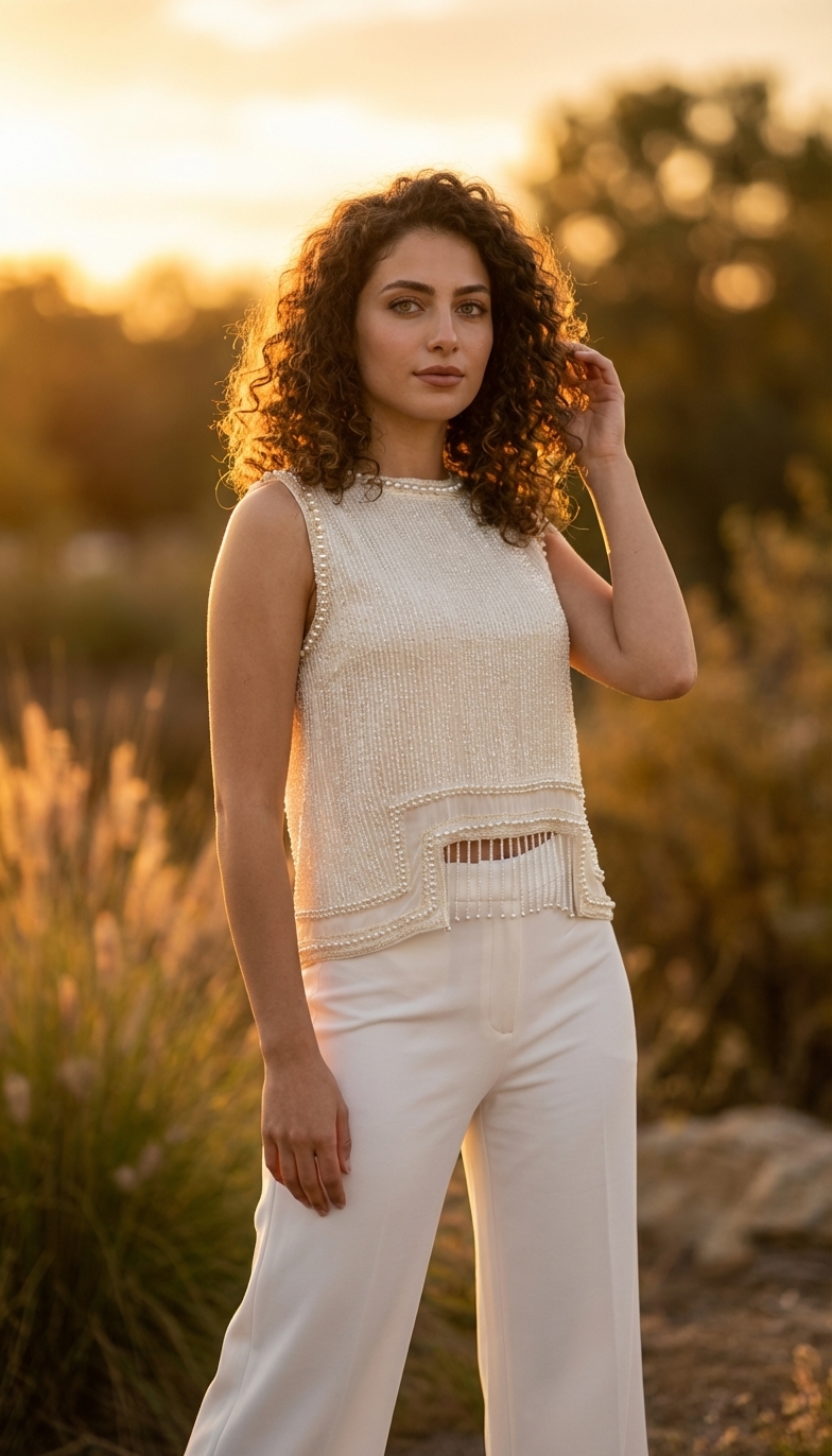 Pearl Embellished Top & White Wide Trousers Set