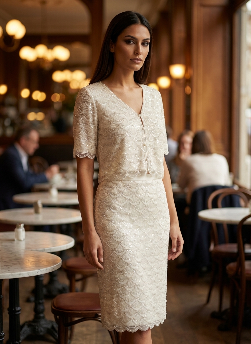 Scalloped Sequin Top & Beaded Sequin Skirt Set