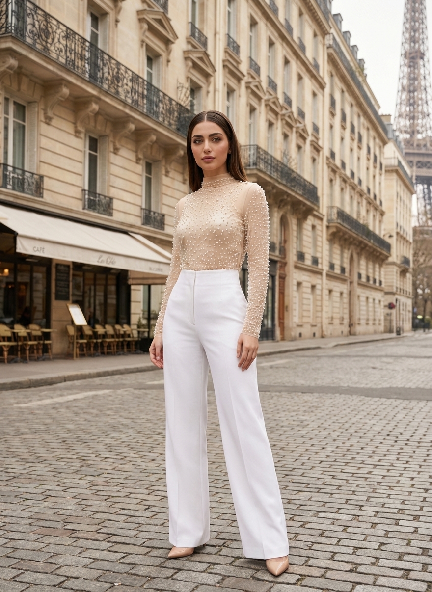 Pearl Embellished Top & High-Waisted Wide Trousers Set