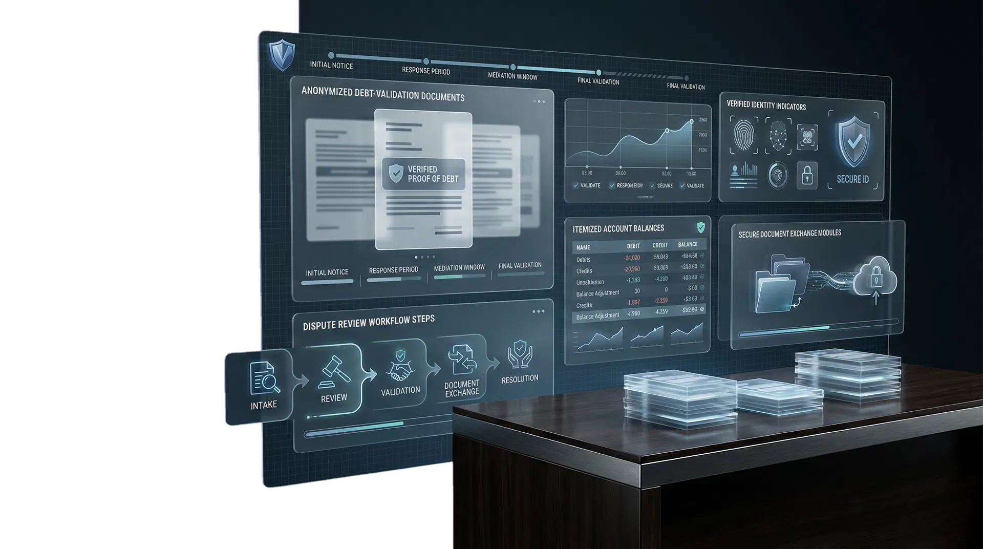 Debt validation interface showing secure proof-of-debt panels and review workflow