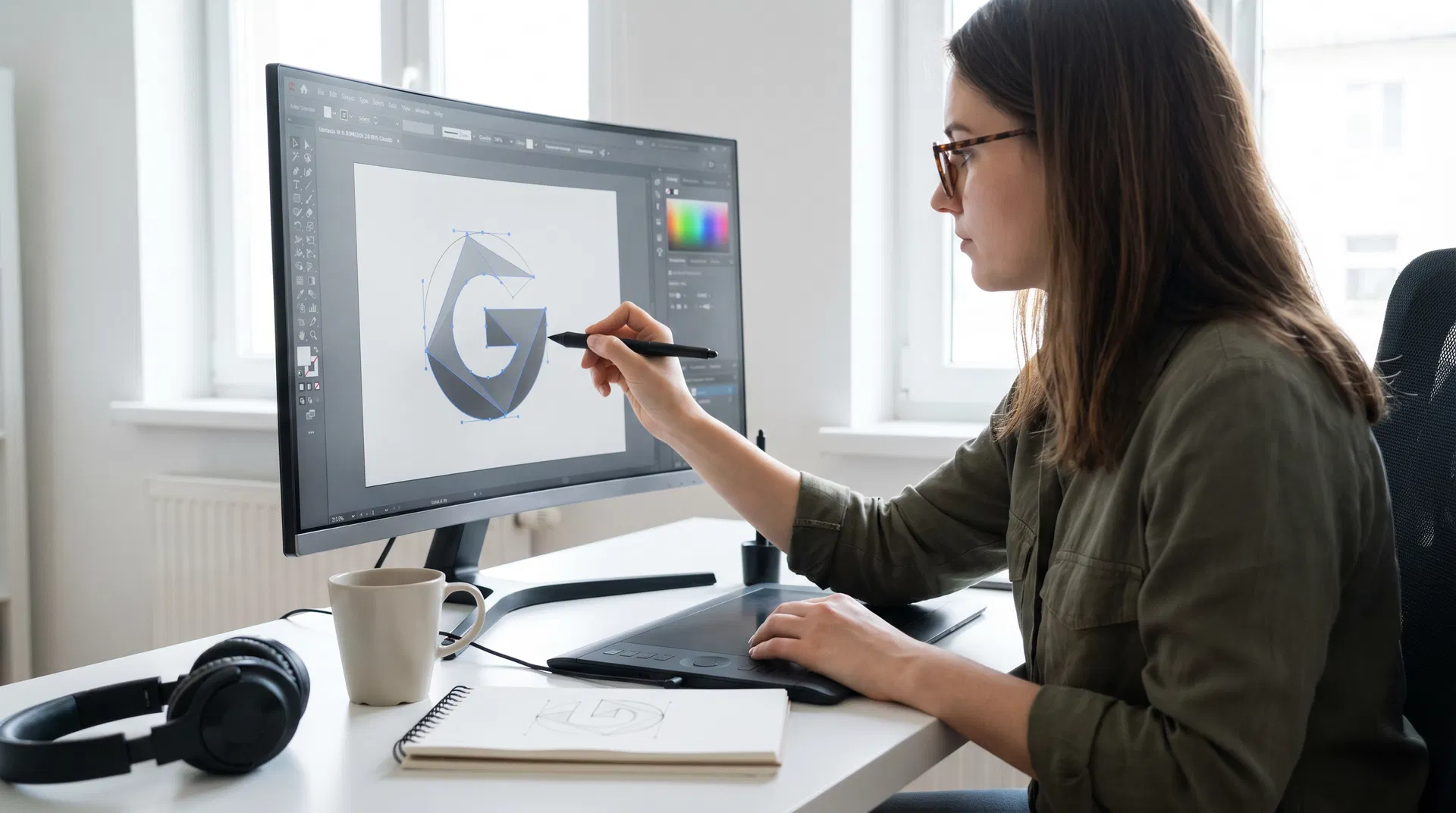Professional graphic designer cleaning up artwork on a large monitor