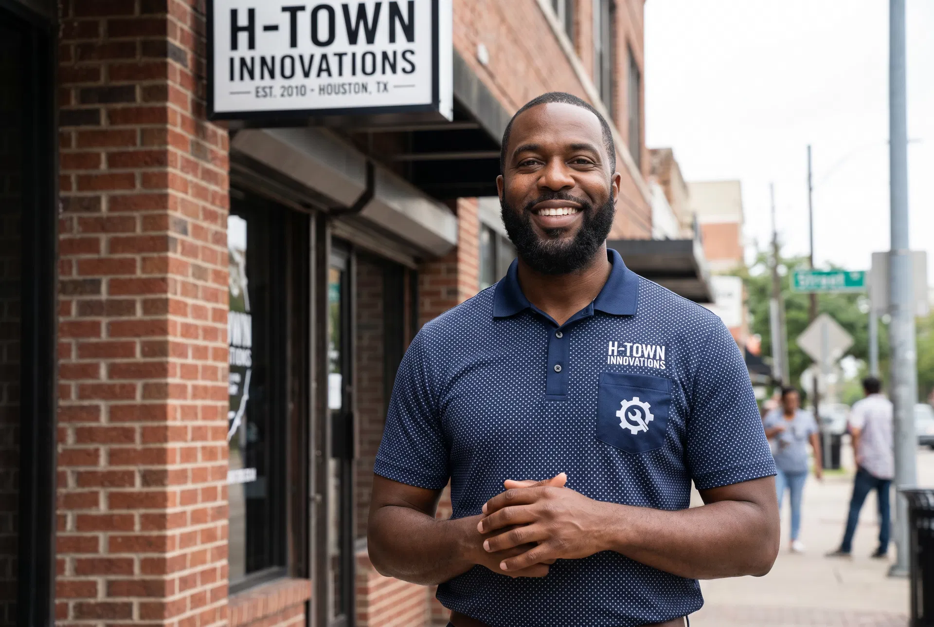 Business owner with custom branded apparel