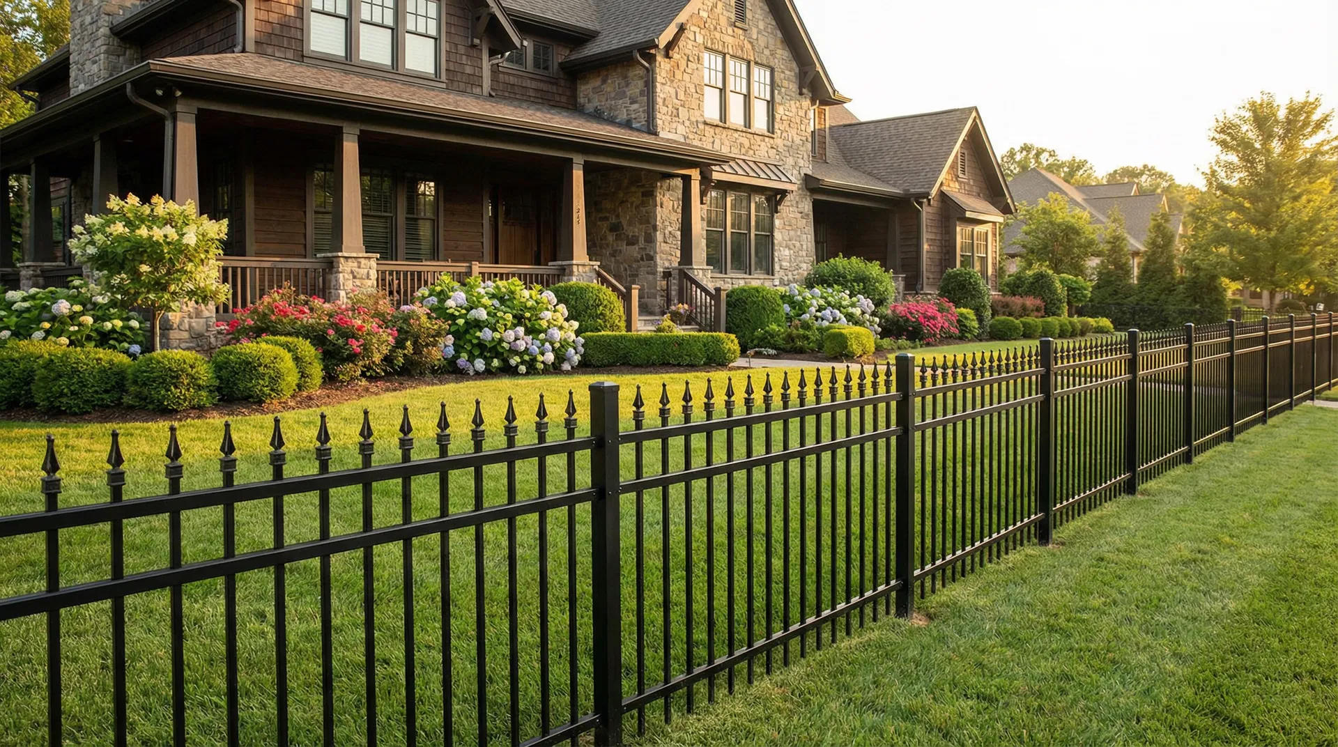 Sleek black ornamental aluminum fence installed along the front yard of an upscale Syracuse NY home