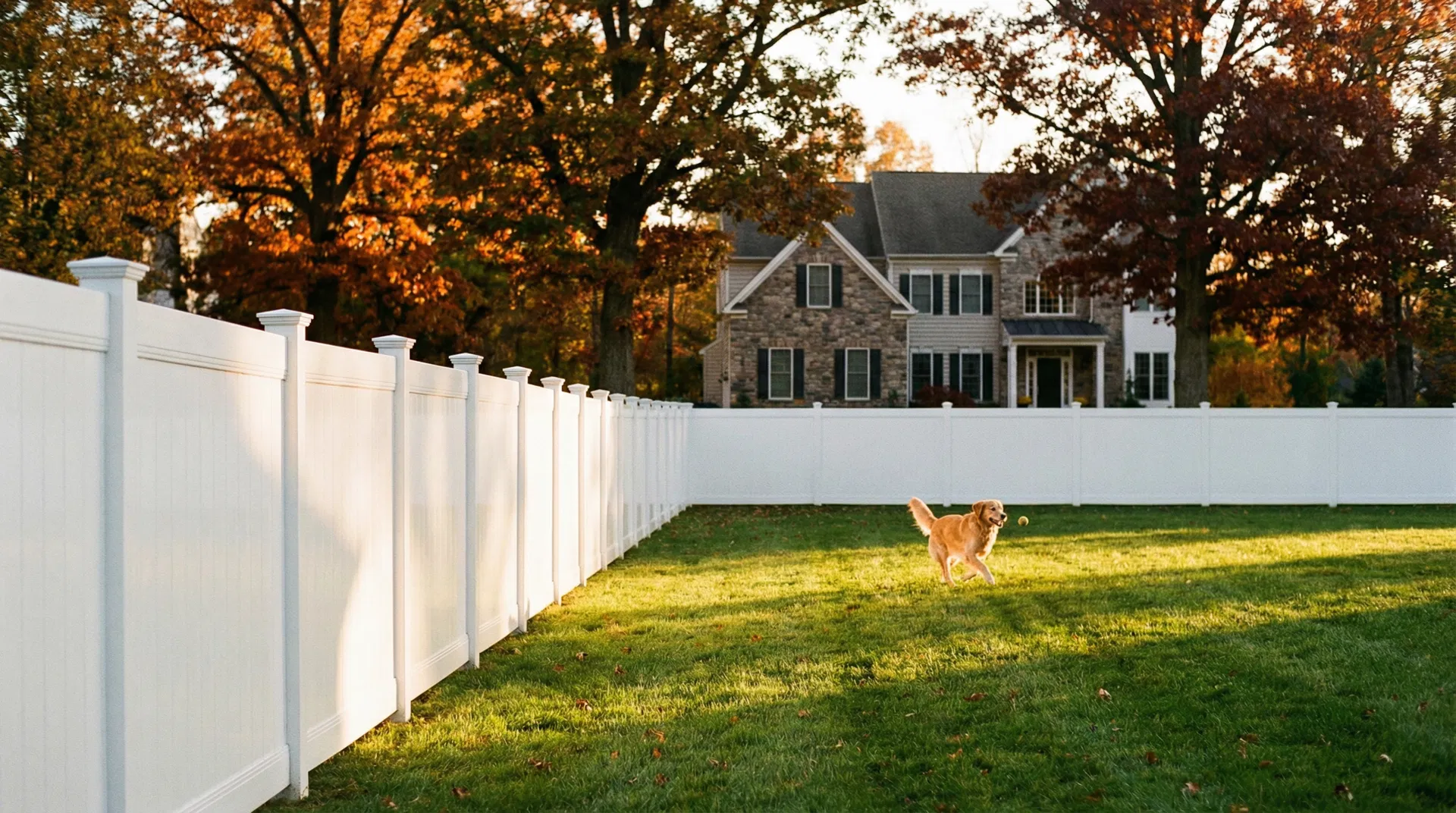 Premium white vinyl fence installation around a beautiful Syracuse NY home with a golden retriever playing in the yard