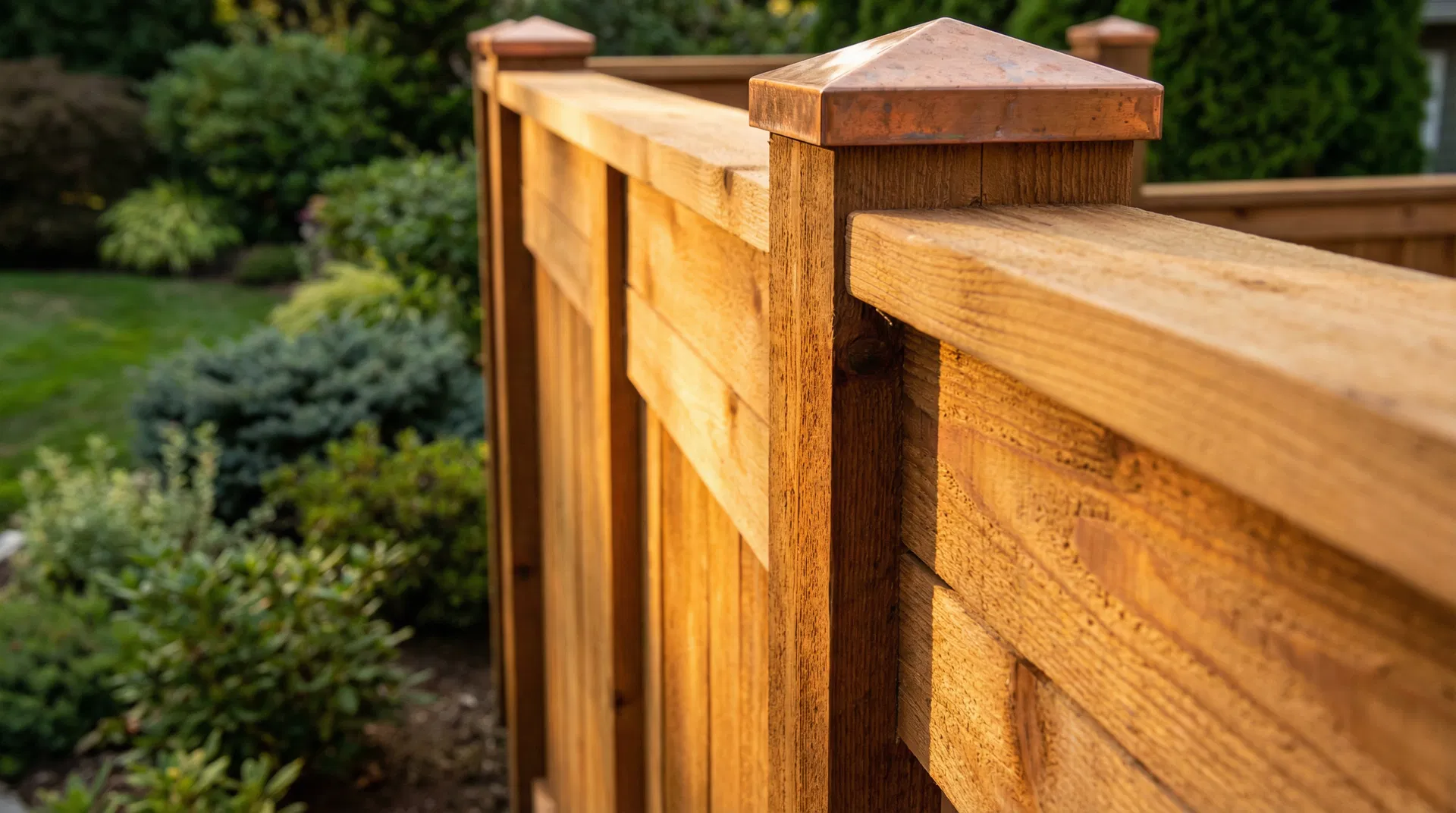 Premium cedar wood fence with copper post caps showing beautiful wood grain craftsmanship