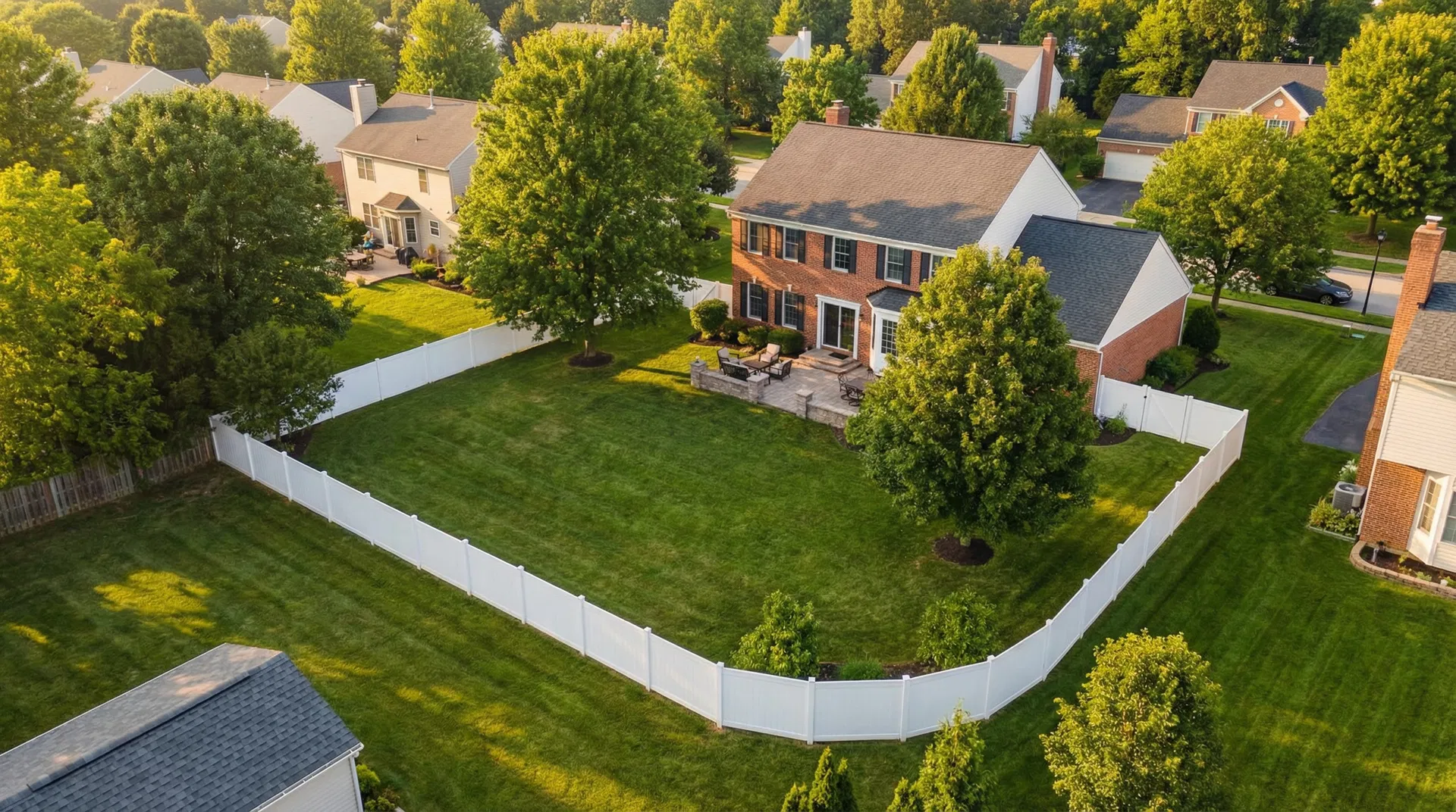 Beautiful white vinyl privacy fence surrounding an upscale home in Syracuse, NY