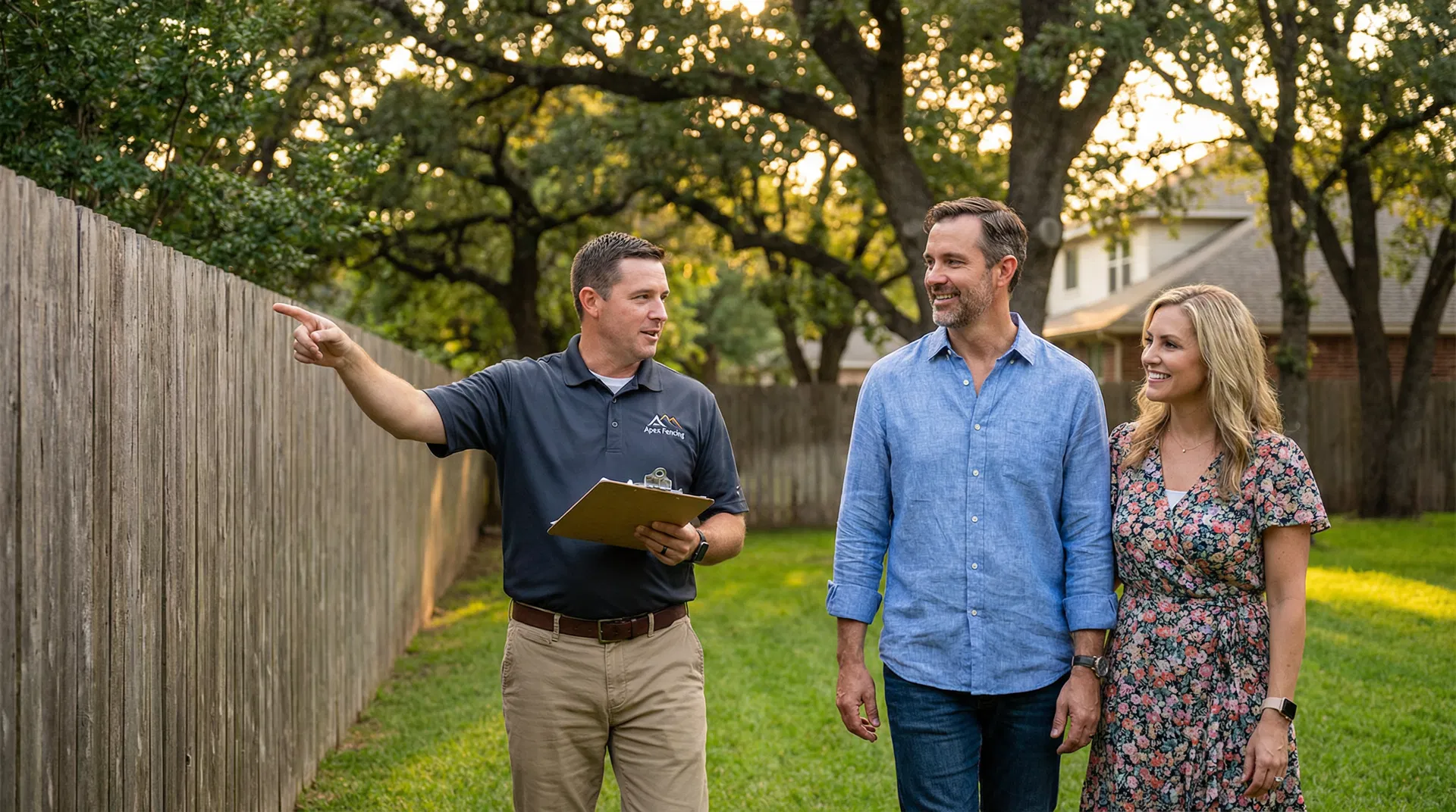 Skinner Fence contractor walking a property with homeowners during an on-site consultation