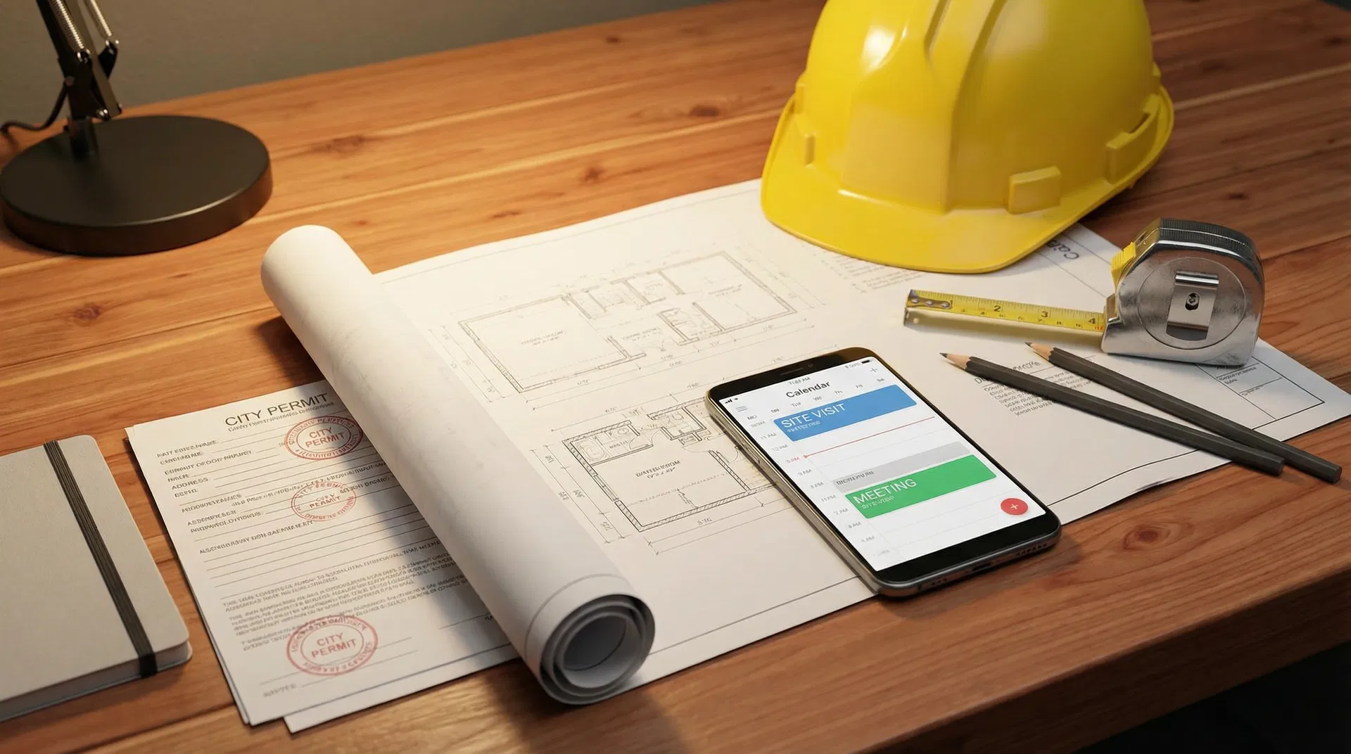 Construction blueprints, permits, and planning materials on a desk