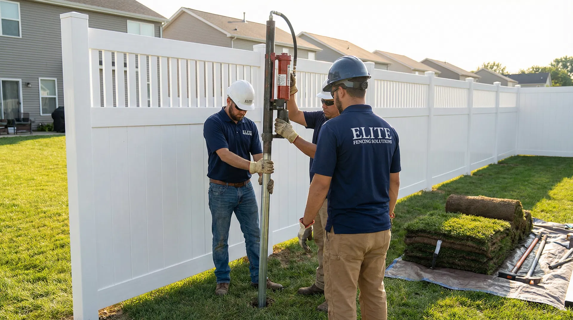 Professional fence installation crew driving posts into the ground
