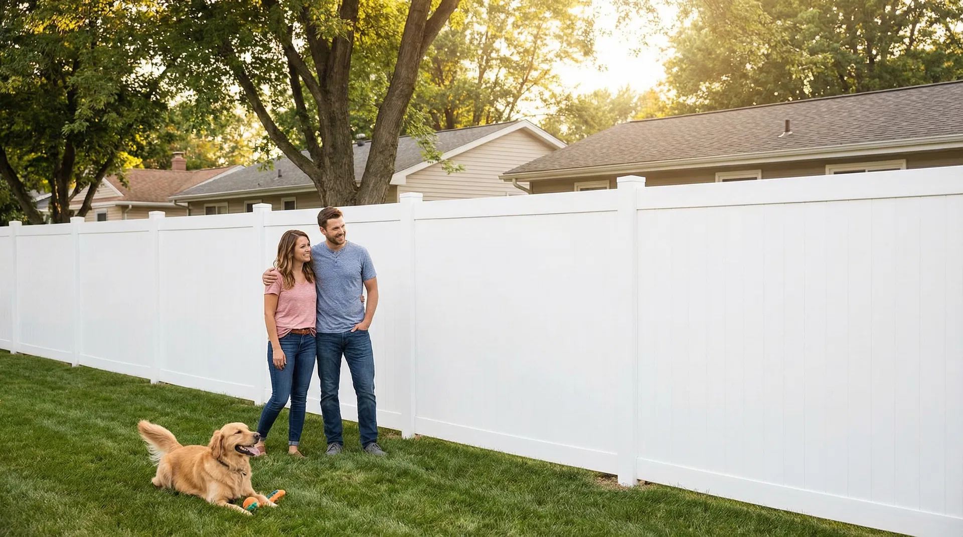 Happy homeowner family with their dog enjoying their new fence in the backyard