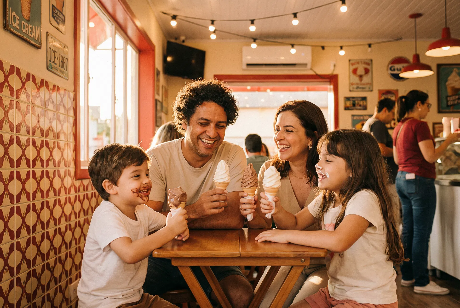 Família feliz tomando sorvete