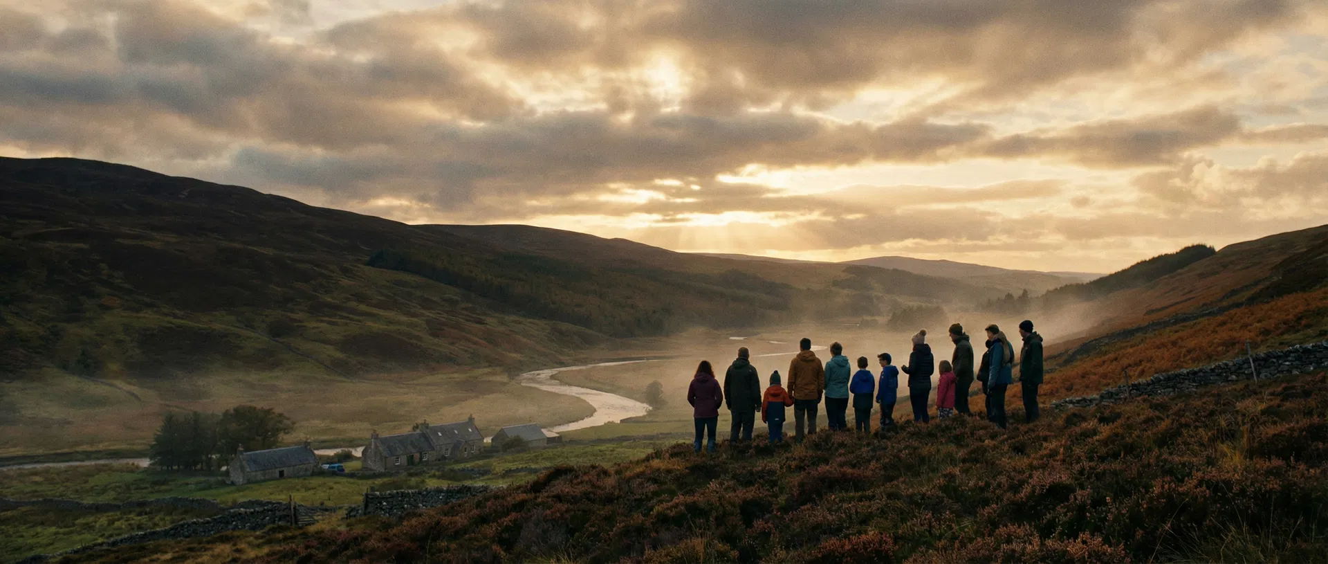 Scottish community standing together on a Highland hillside at golden hour