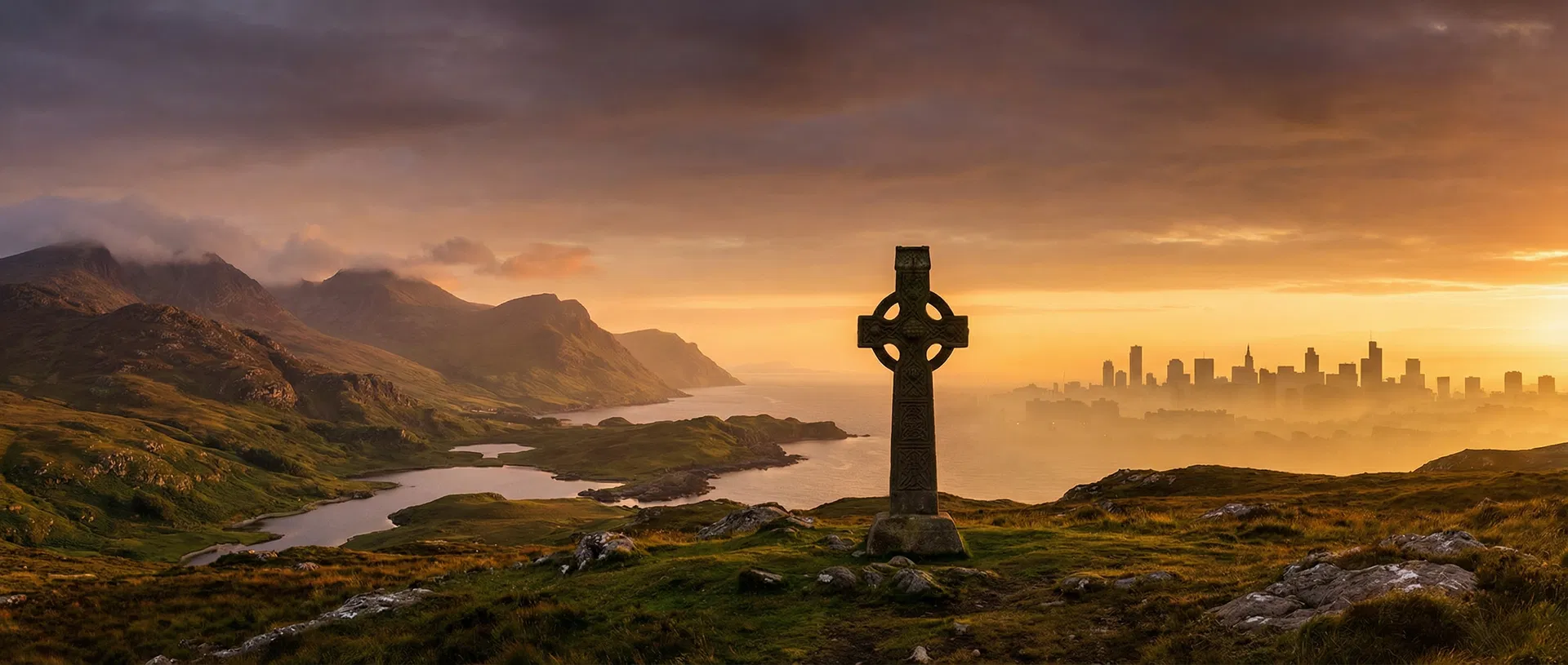 Scottish Highlands — Celtic cross silhouetted against a golden sunset