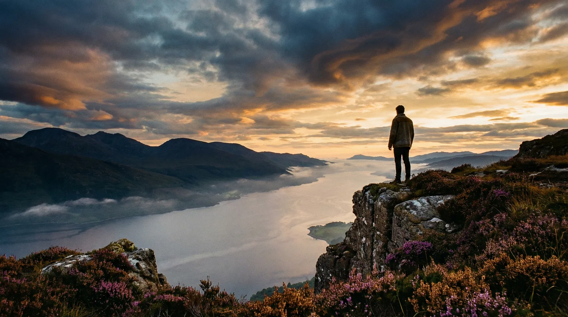 Misty Scottish highlands landscape