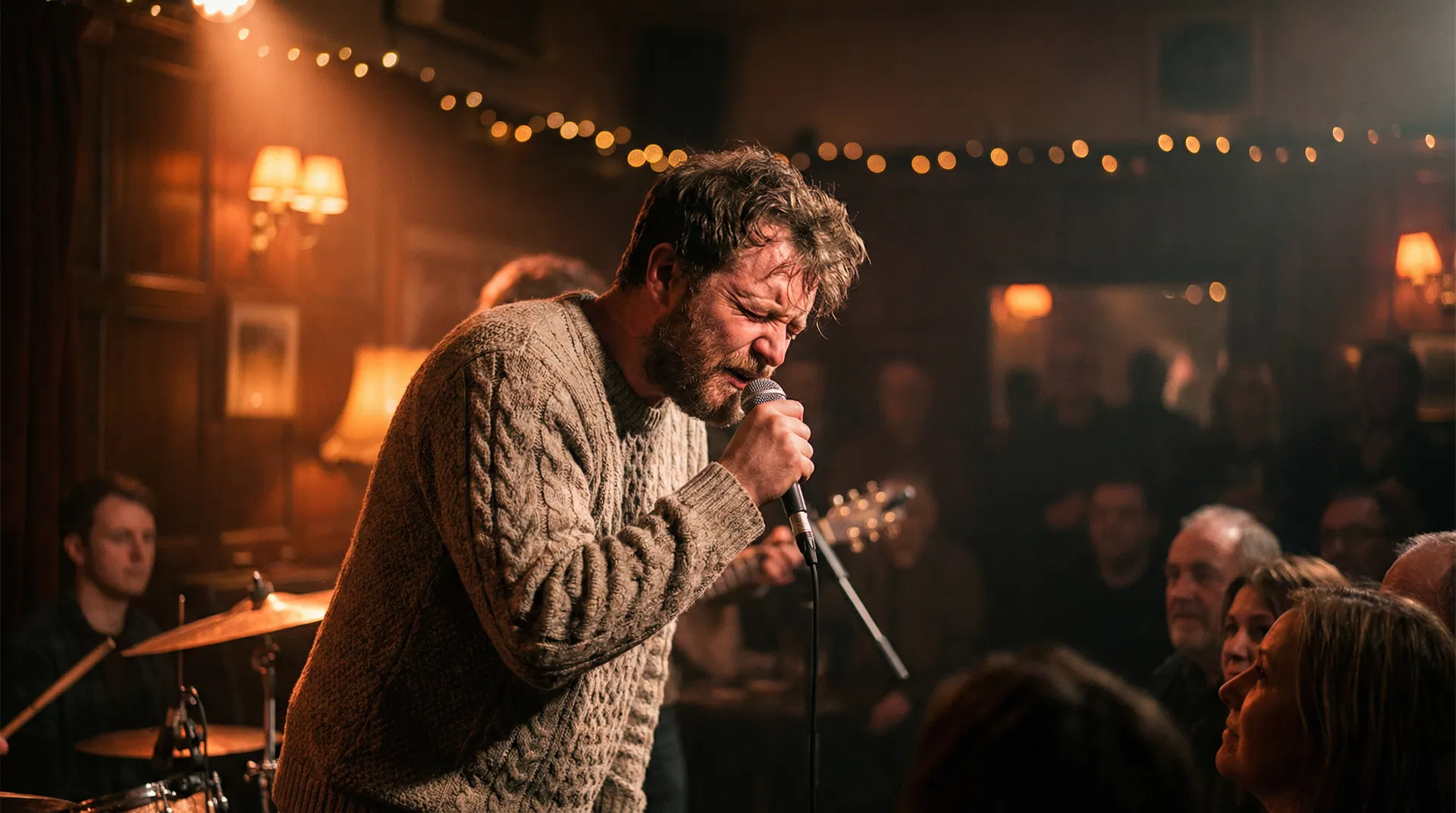 Singer performing on stage in atmospheric lighting