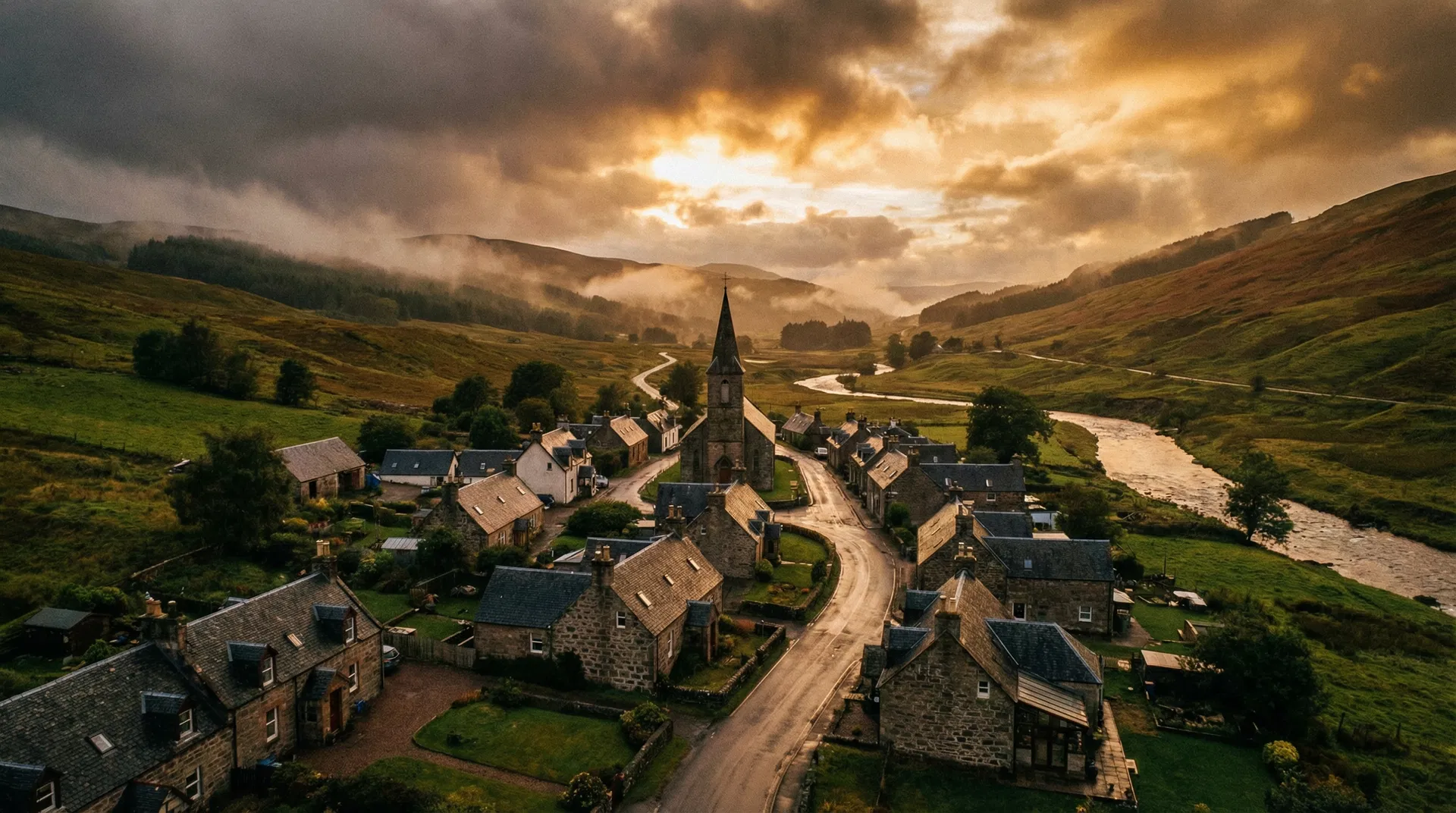 Aerial view of a Scottish village