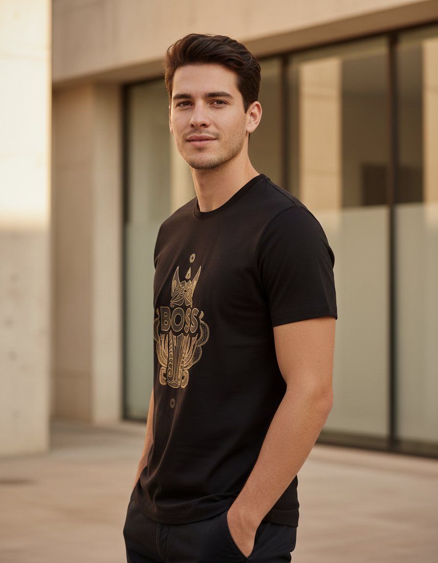 Playera BOSS Negra Gráfico Dorado Ornamental Hombre